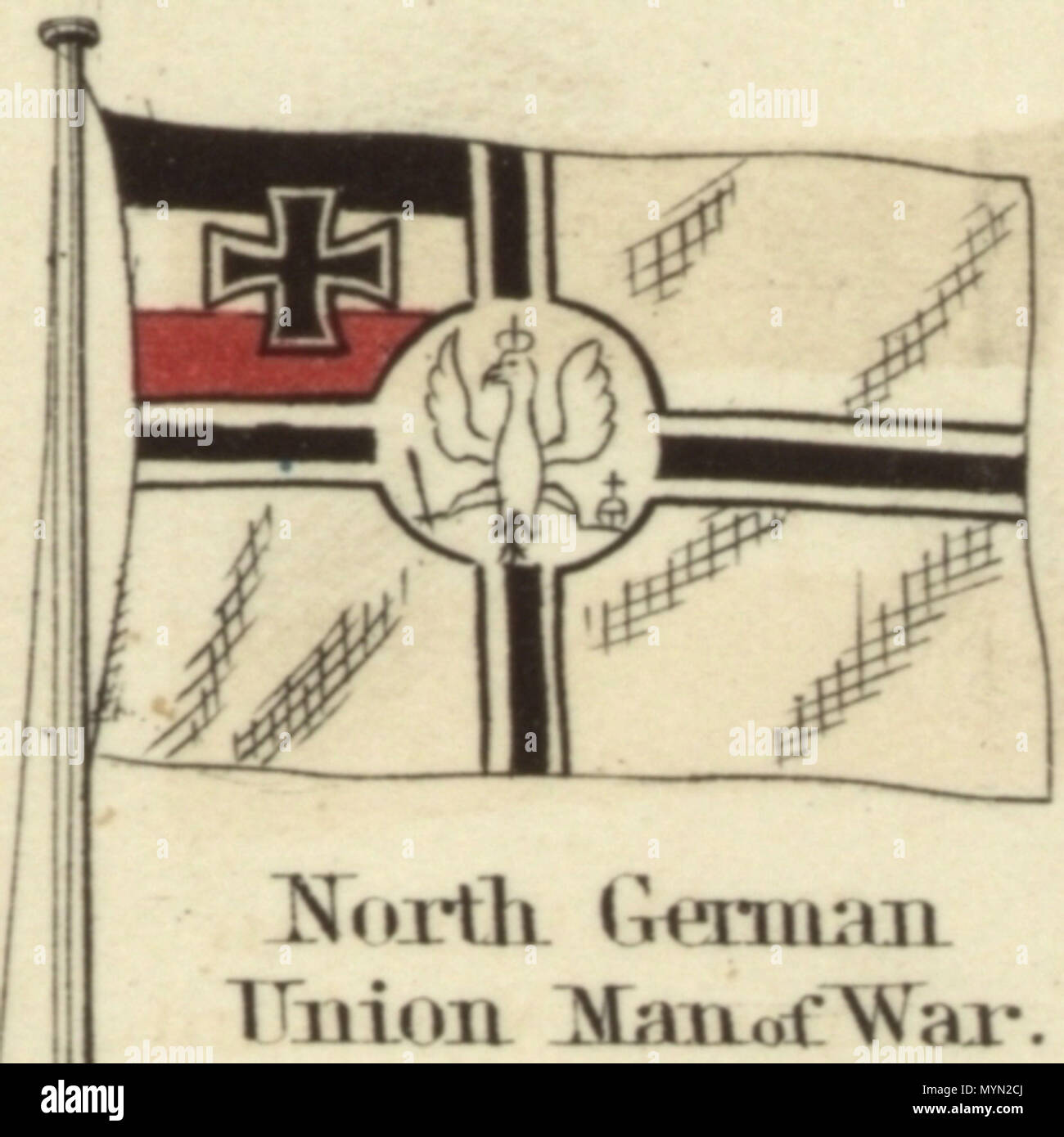 . Inglese: Nord tedesco Unione uomo di guerra. Johnson nuovo grafico di emblemi nazionali, 1868.jpg Johnson nuovo grafico di emblemi nazionali. La stampa mostra le bandiere dei vari paesi, quelle percorse da navi e il 'Signals per piloti." nell'angolo in alto a sinistra è il 'degli Stati Uniti 37-stella bandiera, nell'angolo in alto a destra è il "Royal Standard del Regno Unito Gran Bretagna & Irlanda'; nell'angolo in basso a sinistra è il "russo" Standard e nell'angolo in basso a destra è il 'Standard francese." Il flag su questo foglio differiscono leggermente da quelli su di un altro foglio numerato 4 [top left] e 5 [top righ Foto Stock