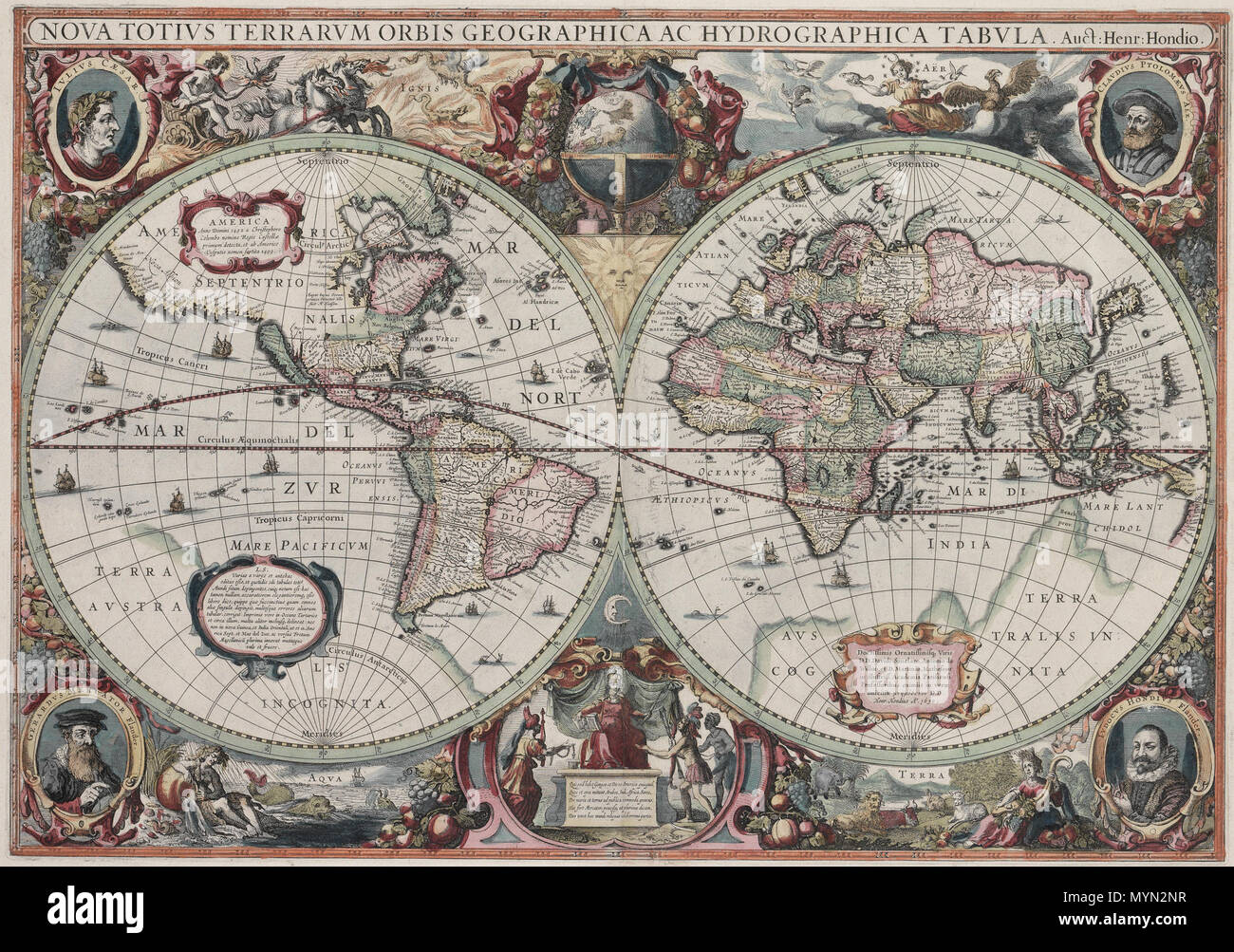. Questa è un immagine della Nova totius orbis terrarum Geographica ac hydrographica tabula, una mappa del mondo creato da Hendrik Hondius nel 1630, e pubblicato l'anno seguente in atlas Atlantis Maioris appendice. Tra le sue rivendicazioni di notorietà è il fatto che esso fu il primo datato mappa pubblicato in un Atlas, e quindi il primo ampiamente disponibili mappa per mostrare in ogni parte dell Australia, la sola mappa precedente per fare in modo di essere Hessel Gerritsz' 1627 Caert non va Landt van d'Eendracht ("grafico della terra di Eendracht'), il quale non è stato ampiamente distribuito. La costa australiana illustrato è parte di noi Foto Stock