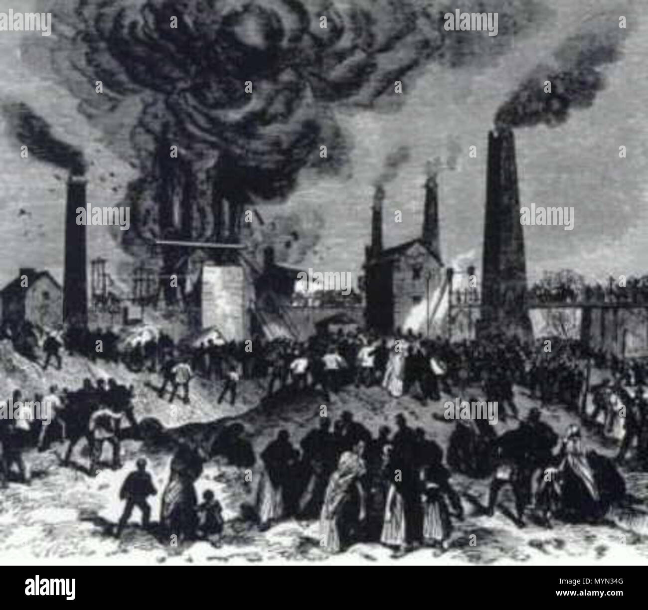 . Inglese: Querce Colliery catastrofe Stairfoot, South Yorkshire, che Parkin Jeffcock è stato ucciso . 1866/7 (data di disastro). "Una incisione usata per illustrare una notizia al momento' dalla comprensione della storia da John Bambino, 394 OaksCollieryDisaster1866 Foto Stock