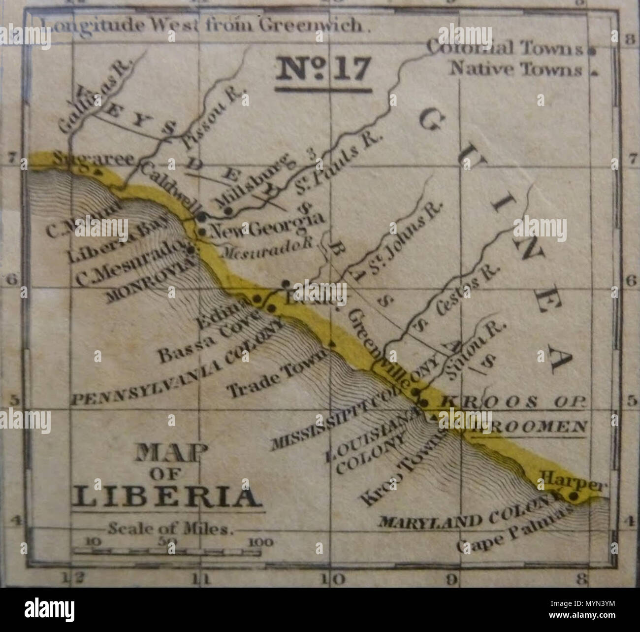 . Inglese: mappa vecchia della Liberia. Xix secolo. Sconosciuto 397 mappa vecchia Liberia Foto Stock