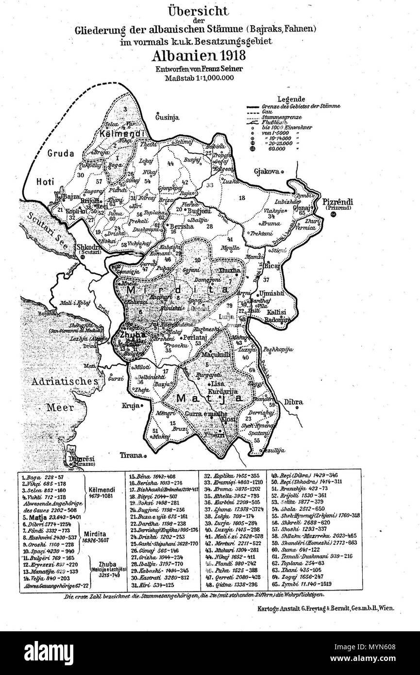 . Deutsch: Ubersicht der Gliederung der albanischen Stamme (Bajraks, Fahnen) im vormahls k.u.k. Besatzungsgebiet. Albanien 1918. Entworfen von Franz a circuizione. Massa-stab 1:1,000.000. Inglese: Panoramica delle tribù albanese (Bajraks, bandiere). L'Albania 1918. Realizzato da Franz a circuizione. 1918. Franz con sciabica (1874-1929) 402 Panoramica delle tribù albanesi, Franz a circuizione, 1918 Foto Stock