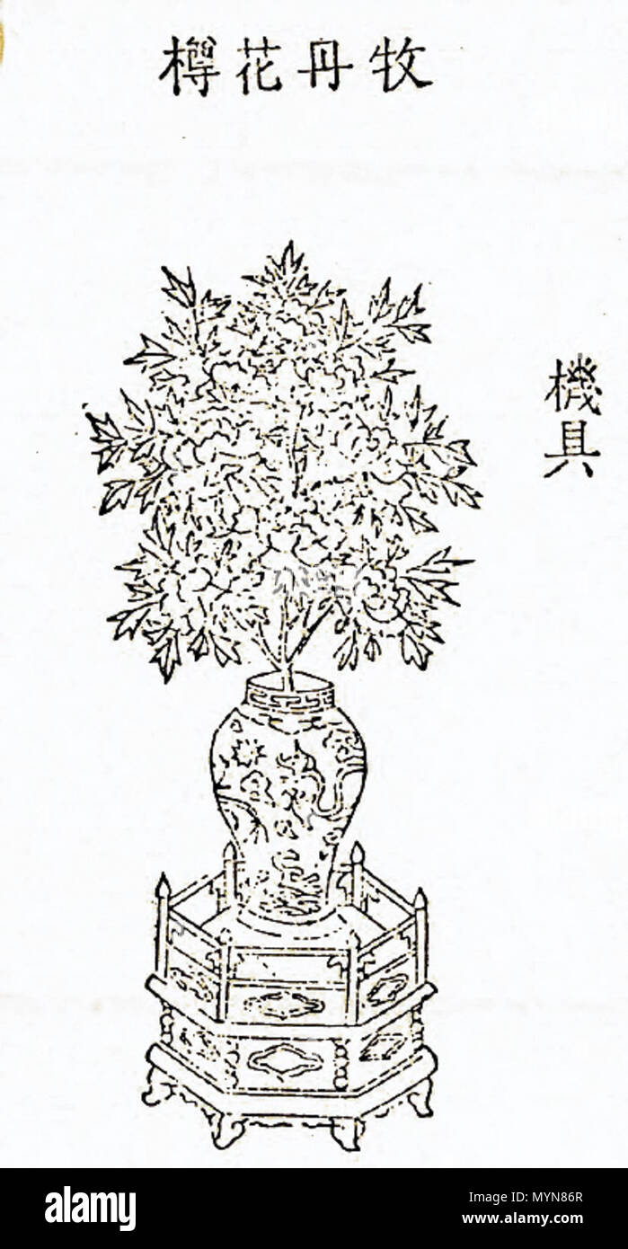 . 한국어: 가인전목단을 위한 의물목단화준의 모습, 목판화 Inglese: Mokdanhwajun, o le peonie per 'en:Gainjeonmokdan' . 1901, 신축년. ignoti pittori di corte 302 Korea-Uimul mokdan hwajun Foto Stock