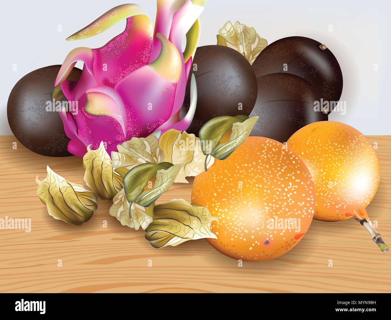 Frutti Esotici realistica del vettore. Dragon frutta, granadilla, passione Frutta, physalis 3d illustrazione Illustrazione Vettoriale