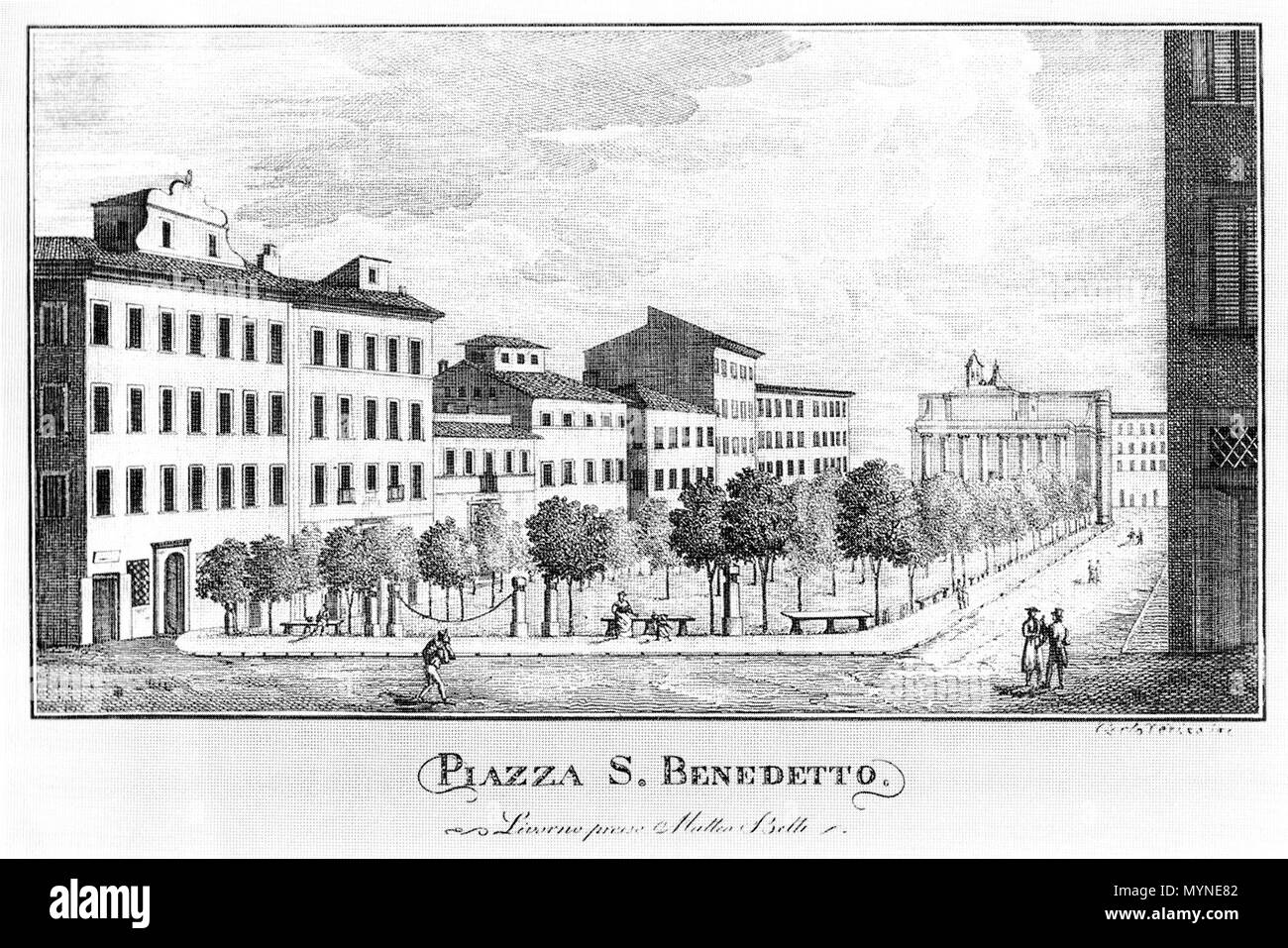 . Inglese: Piazza San Benedetto, Livorno, Italia - prima del 1881 chiamato oggi: Piazza XX Settembre incisione di Carlo Verico inc. (Firmed il lato destro) di dominio pubblico: date live di autore, incisore Carlo Verico sono sconosciuti, ma ha lavorato a Livorno, Toscana già nella prima metà del 19. secolo. - Data di creazione sconosciuto, ma certamente prima del 1881, come in tale anno la piazza è stata rinominata. prima del 1881. Carlo Verico 421 Piazza San Benedetto, Livorno Foto Stock