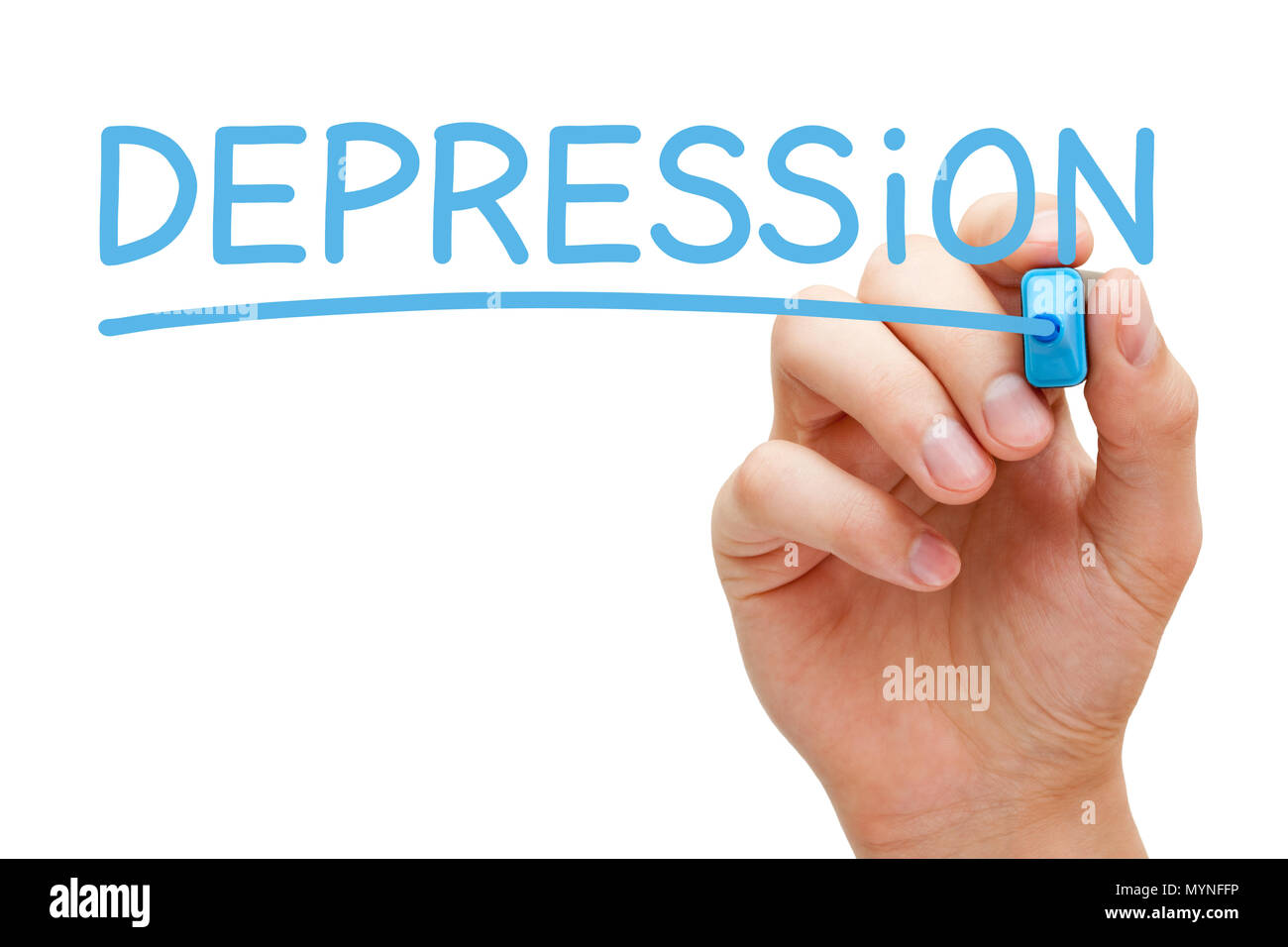 La scrittura a mano la parola depressione con marcatore blu su trasparente wipe board isolato su bianco. Foto Stock