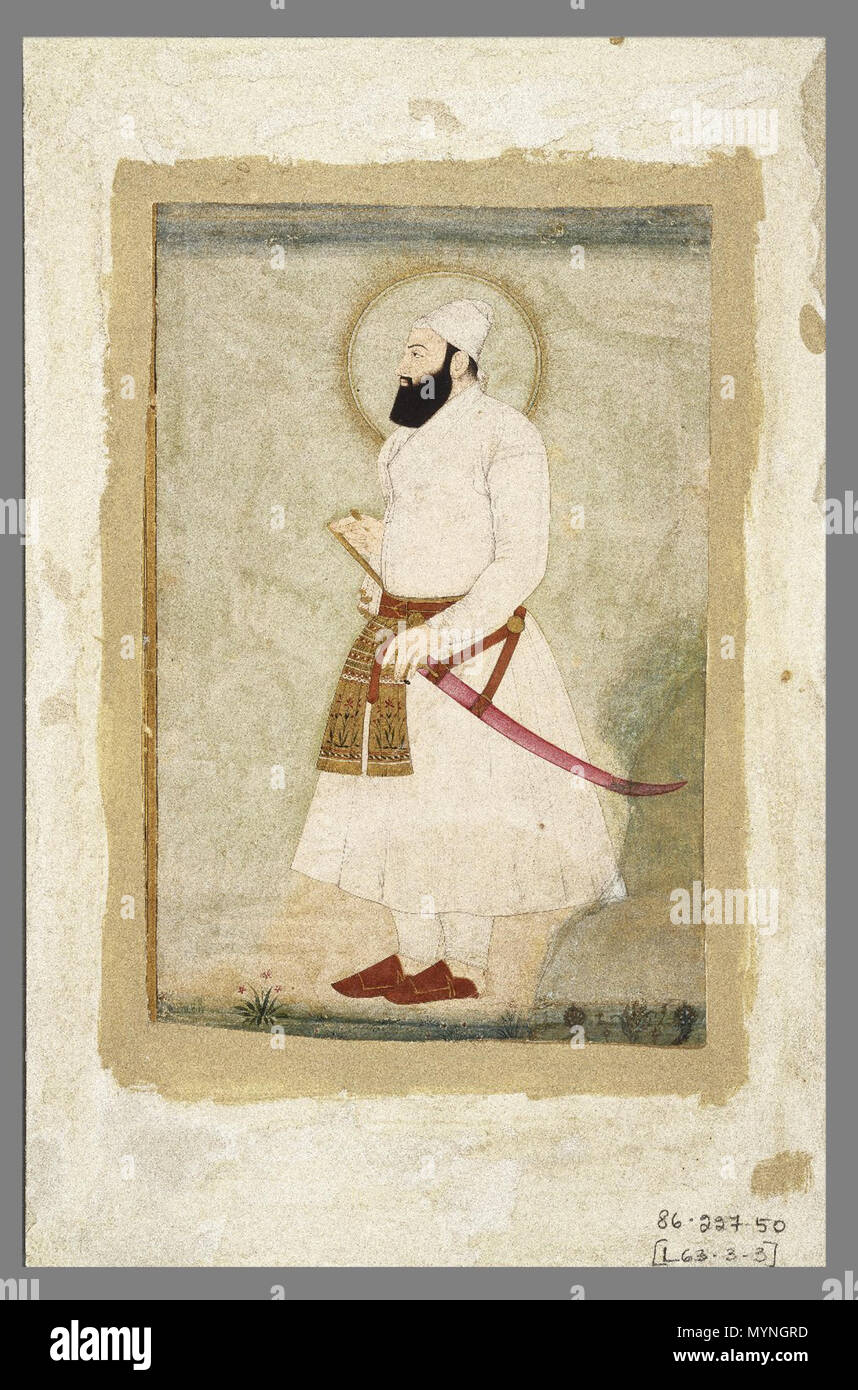 . Ritratto di Abu'l'Hasan, l'ultimo sultano di Golconda . Questo ritratto raffigura Abu'l'Hasan, l'ultimo sultano della dinastia Qutb-Shahi di Golconda, un regno nel Deccan centrale (India meridionale) che era molto conosciuto per il suo rifiuto a prua di imperatori l Mughal. Il Sultan è mostrato con un oro radiante nimbus, una convenzione di Deccani ritratti dei sovrani. Il Mughals infine conquistato Golconda dopo un lungo assedio e Abu'l'Hasan ha trascorso gli ultimi 17 anni della sua vita in confino. È probabile che questo ritratto è stato creato dopo la sua morte; è chiaramente celebra a lui come a un grande dominatore piuttosto Foto Stock