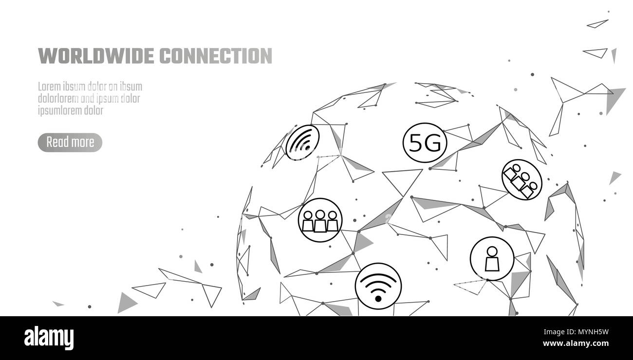 Rete globale di connessione 5G con internet ad alta velocità. Mondo linea punto di informazioni a livello mondiale della tecnologia di scambio dei dati aziendali. Il pianeta terra spazio bassa poli rendering poligonale illustrazione vettoriale Illustrazione Vettoriale