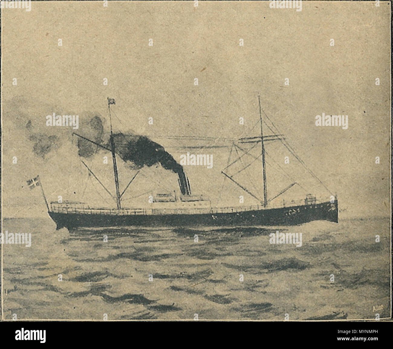 . Damperen " Chr. Broberg' fra 'De forenede'. Den var på vej hjem fra forskellige Middelhavshavne med stykgods da den danske smorzatore 'Maryland' stødte på en miniera 35 kvartmil fra Galopernes fyrskib d. 21. agosto 1914. "Chr. Broberg' sejlede til derhen per at komme mandskabet hjaelp til da dette skib stødte også på en miniera. Hele mandskabet, bortset fra 2. maskinmester Jensen omkom som, nåede ho redningsbådene inden skibet forsvandt ho dybet. . Agli utenti la riproduzione di un lavoro scaduto Di arte 131 Damperen Chr Broberg Foto Stock