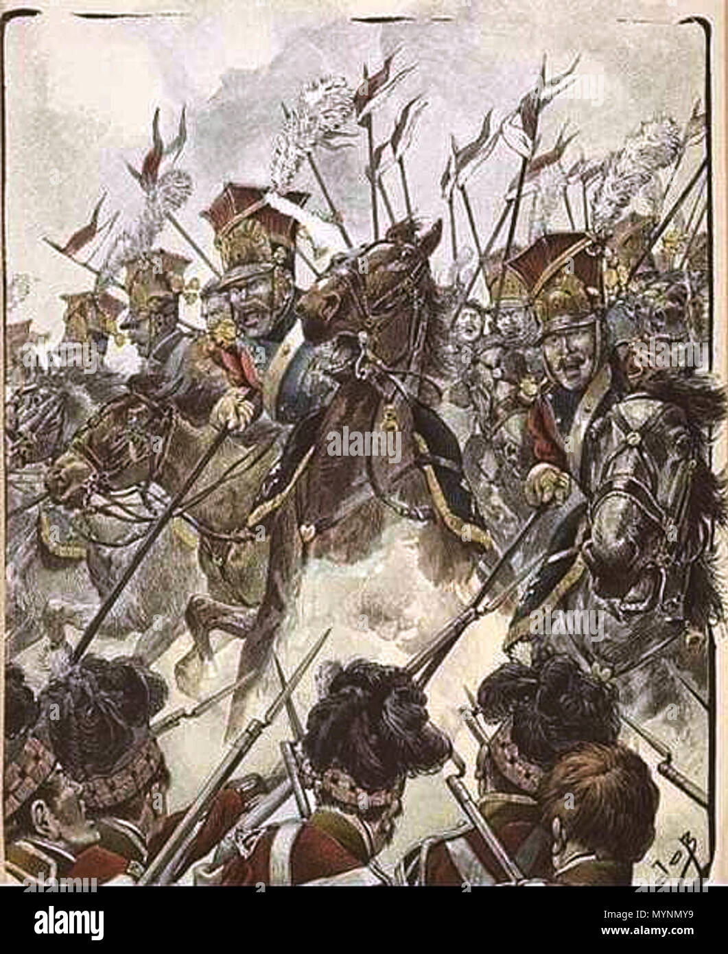 . Inglese: Red Lancieri della Guardia Imperiale la carica sulla fanteria scozzese nella battaglia di Waterloo (18 giugno 1815). prima di 1931. Jacques Onfroy de Bréville 448 Red Lancieri della Guardia Imperiale la carica sulla fanteria scozzese Foto Stock