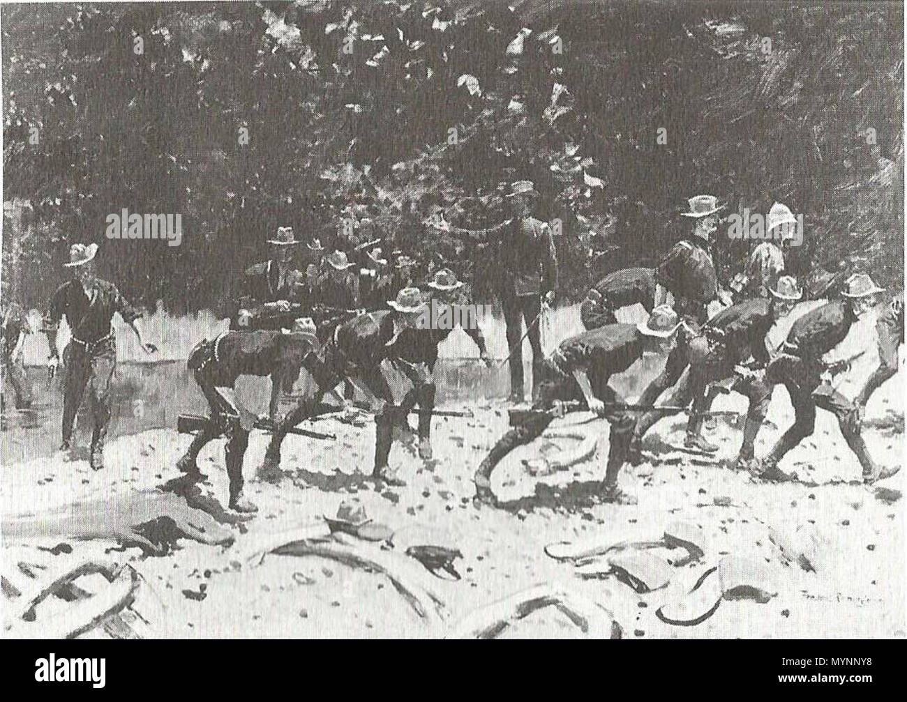 . Inglese: stampa in bianco e nero di un dipinto ad olio di Frederic Remington si intitola "alla sanguinosa Ford del San Juan'. 19 ottobre 2013, 00:12:48. Frederic Remington (1861-1909) 451 Remington alla sanguinosa Ford del San Juan Foto Stock