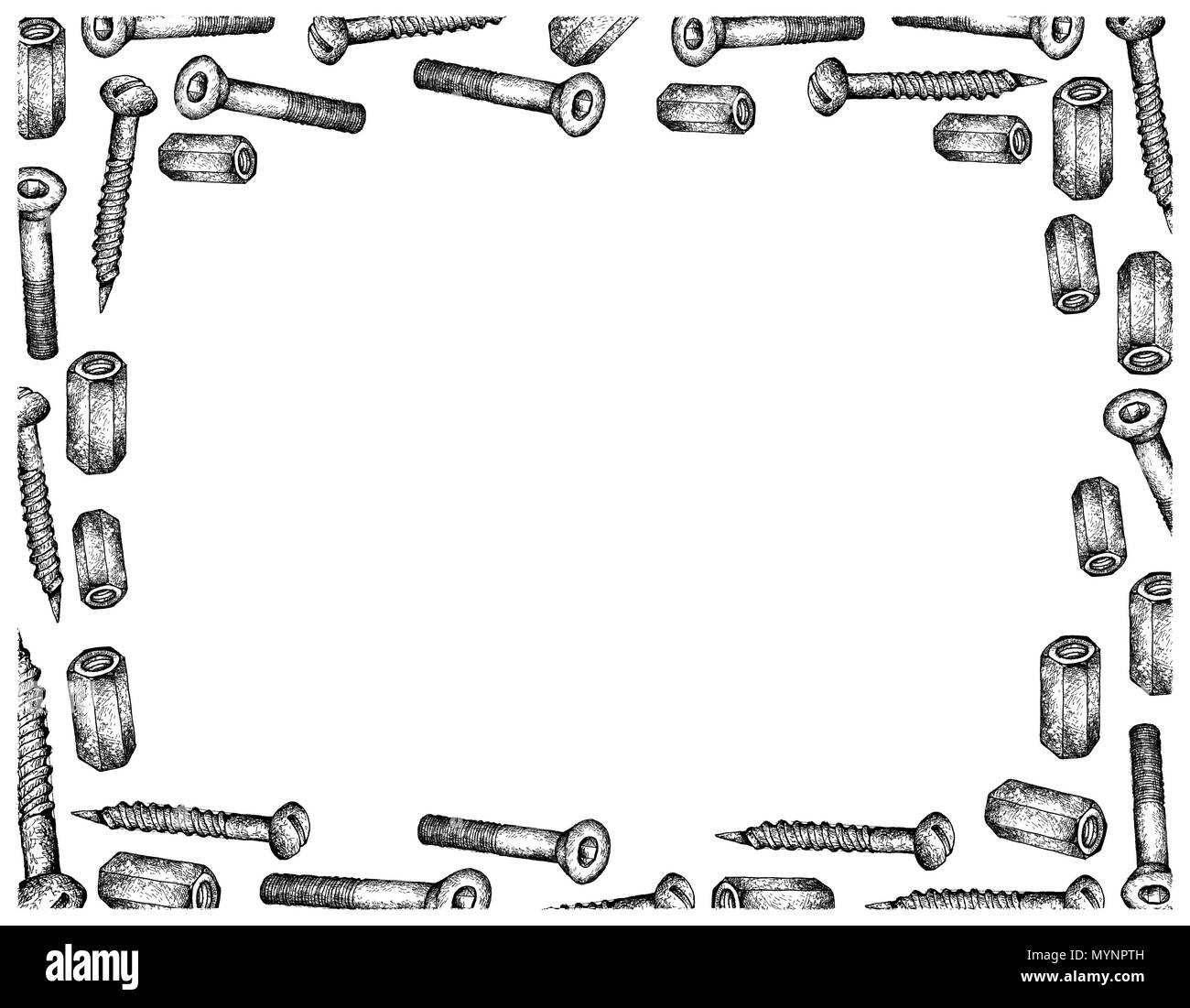 La produzione e l'industria, Illustrazione disegnata a mano telaio Sketch di dadi di accoppiamento, le viti a esagono interno e viti per il legno. Un tipo di dispositivo di fissaggio utilizzato per vincolare ma Foto Stock