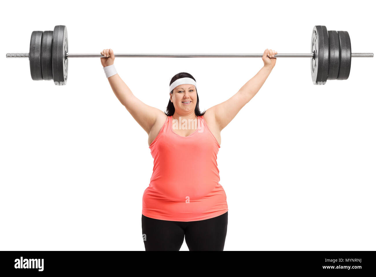 Il sovrappeso donna che lavorano fuori con un barbell isolati su sfondo bianco Foto Stock