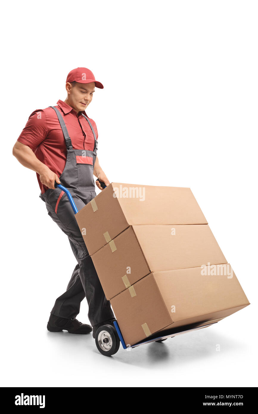Mover con un carrello caricato con scatole isolate su sfondo bianco Foto Stock