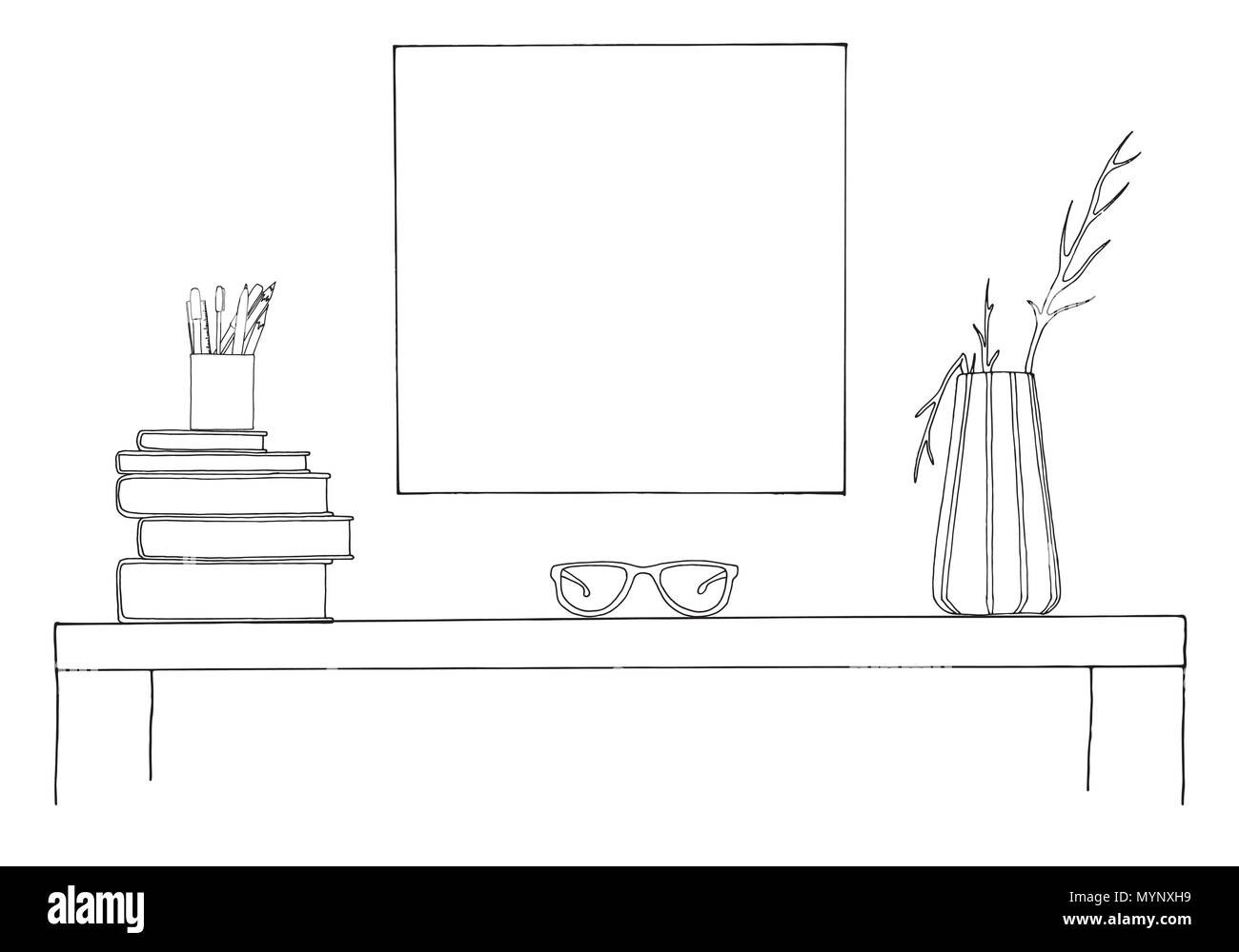 Schizzo dell'interno. Una tabella, un comodino, un ripiano con vari componenti interni. Può essere usato come un mock up. Telaio per la grafica. Illustrazione Vettoriale