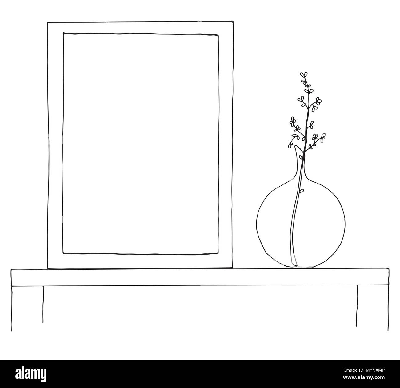 Schizzo dell'interno. Una tabella, un comodino, un ripiano con vari componenti interni. Può essere usato come un mock up. Telaio per la grafica. Illustrazione Vettoriale