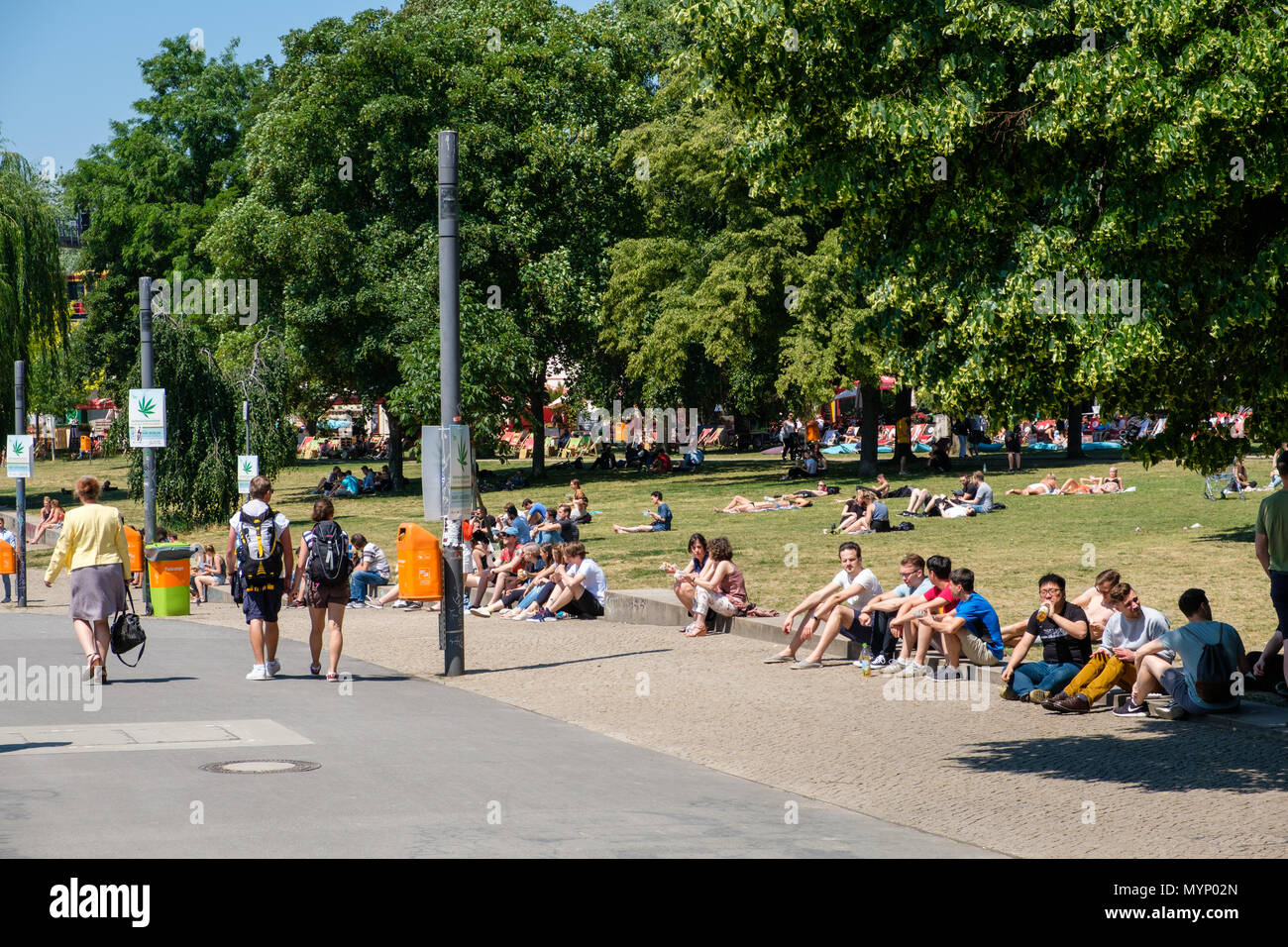Berlino, Germania - Giugno 2018: la gente nel parco su una soleggiata giornata estiva a Monbijoupark a Berlino, Germania Foto Stock