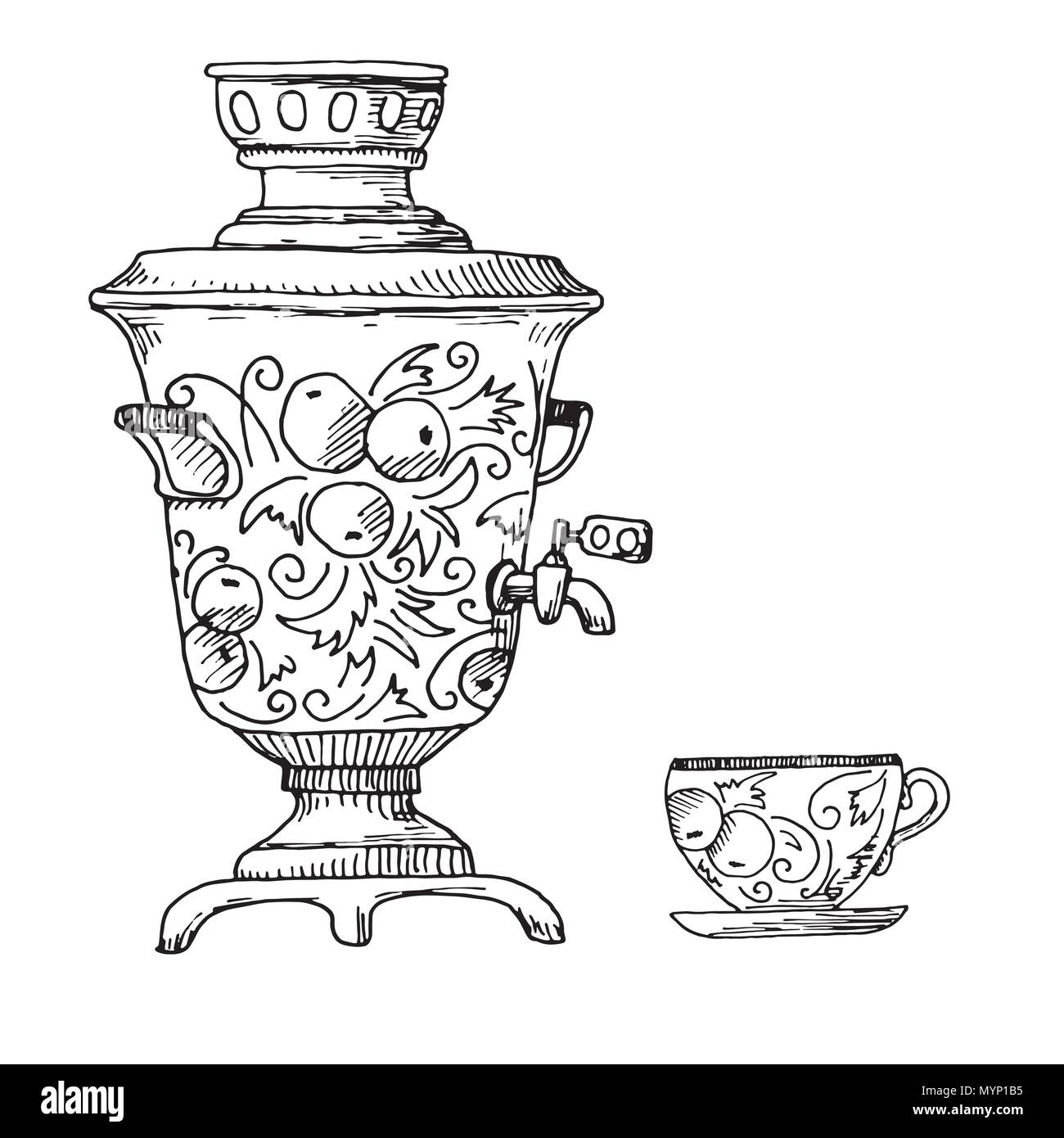 Schizzo della tradizionale russo samovar. Illustrazione Vettoriale Illustrazione Vettoriale