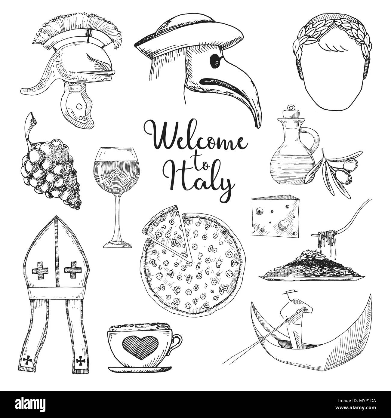 Set di elementi della cultura italiana. Benvenuti in Italia. Illustrazione Vettoriale nel disegno stile. Illustrazione Vettoriale