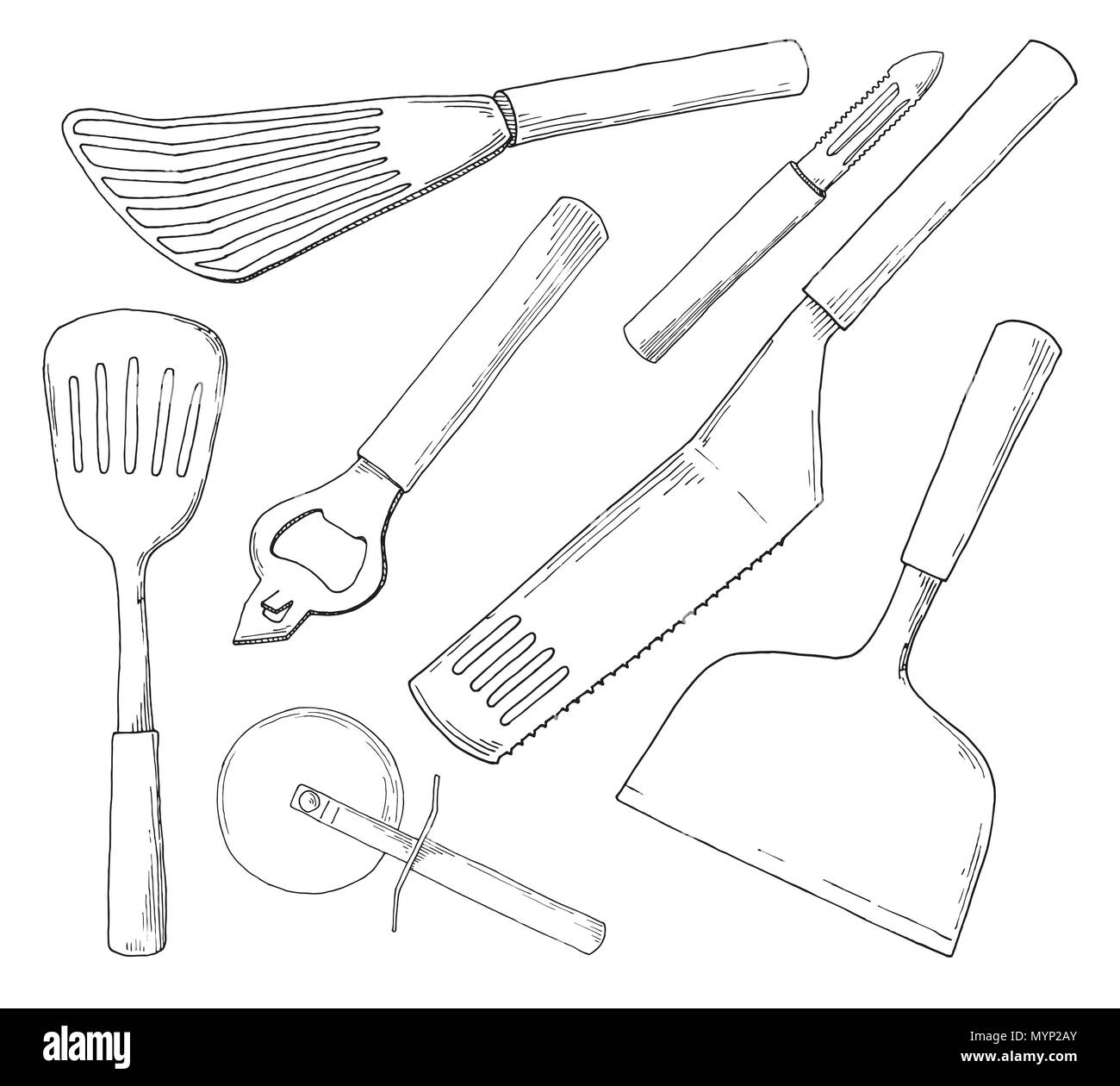 Insieme di diversi accessori per la cucina. Illustrazione Vettoriale in stile di disegno Illustrazione Vettoriale
