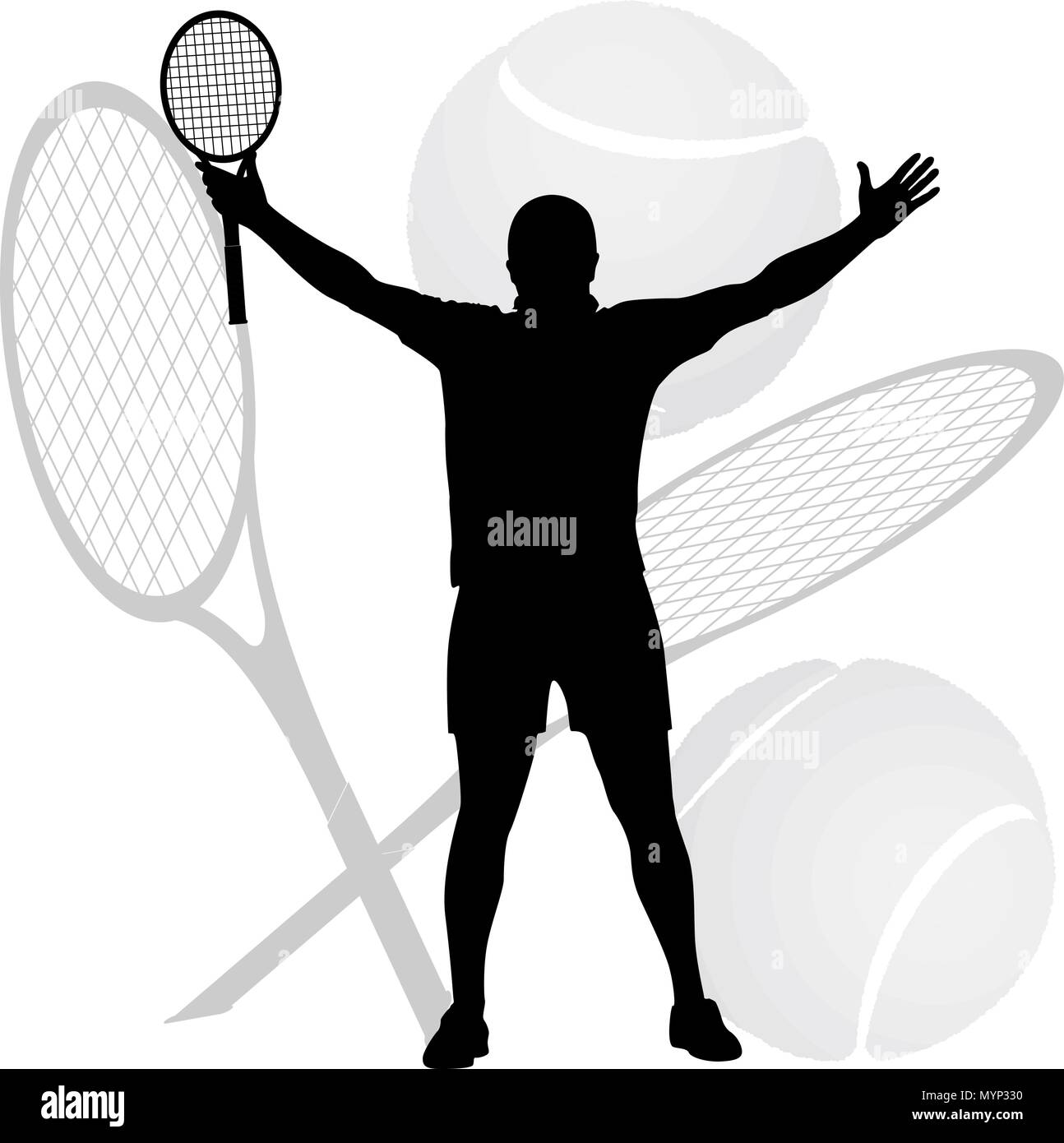 Tennis vincitore ha sollevato le sue mani e racket in aria Illustrazione Vettoriale