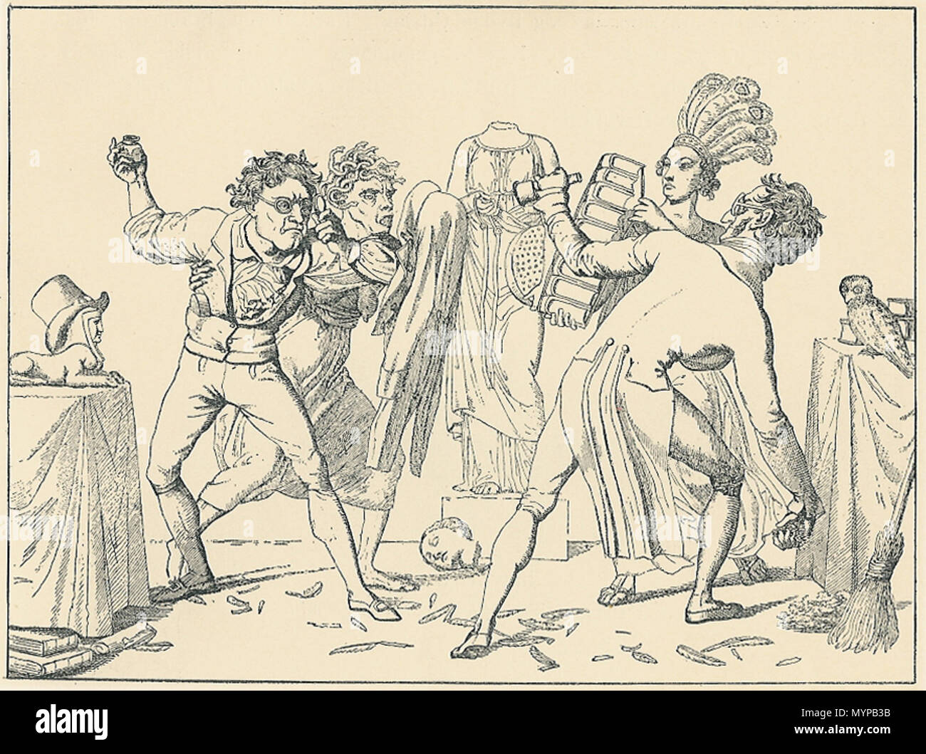 . Pennefejden. Tegning af C.W. Eckersberg, stukket Bagge af 1818. Karikatur på den forbitrede litteraere 'hotel Astrid som i årene 1813-19 førtes mellem Jens Baggesen og det Øhlenschlaegerske particol. Til venstre Baggesen med misundelsens gudinde ved peccato lato. Til højre Øhlenschlaegers forsvarer Chr. Molbech, hvem hovmod står bi. Ho baggrunden Fornuftens hovedløse statua. 1906. C.E. Jensen 415 Pennefejden Foto Stock