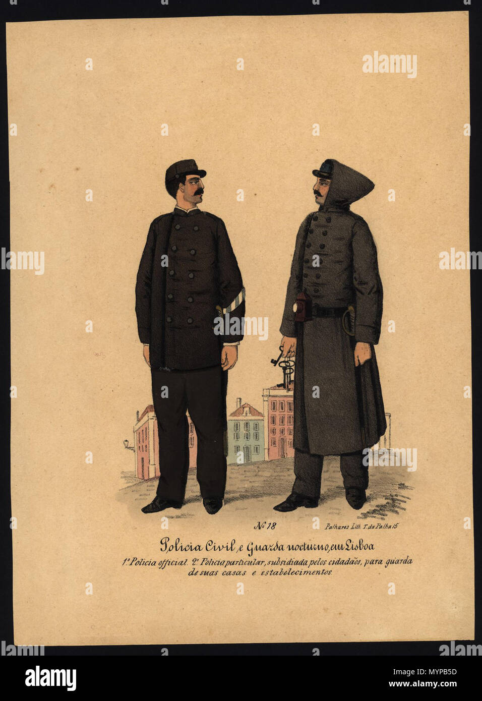 . Português: Policia civili e guarda nocturno, em Lisboa. 1º - Polícia oficial; 2º- Polícia particolare subsidiada pelos cidadãos, para guarda de suas casas e estabelecimentos. circa 1850. PALHARES, João, ca 1810? - Ca 1890? 428 Policia civili e guarda nocturno, em Lisboa Foto Stock