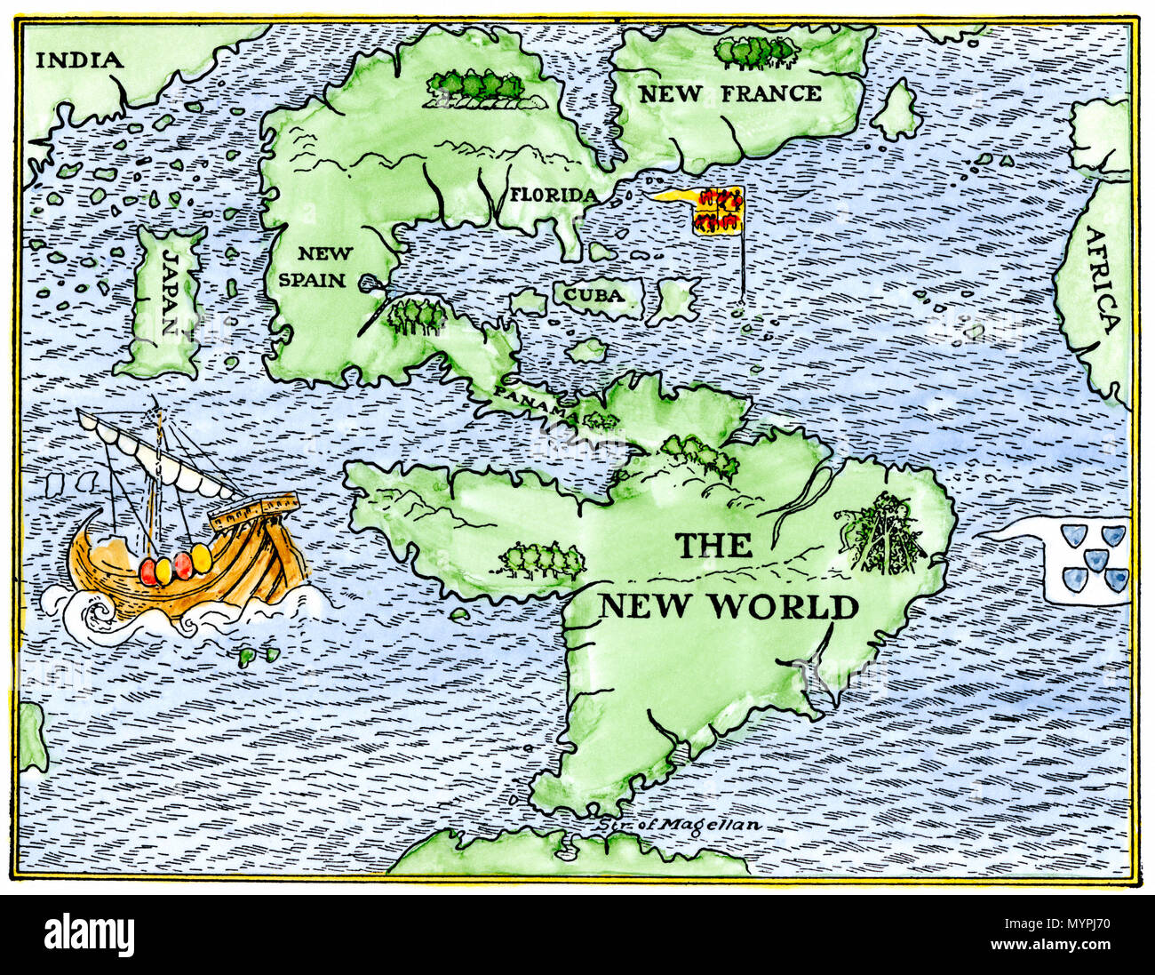 Nuova Geografia mondiale secondo un cartografo del 1540. Colorate a mano la xilografia Foto Stock