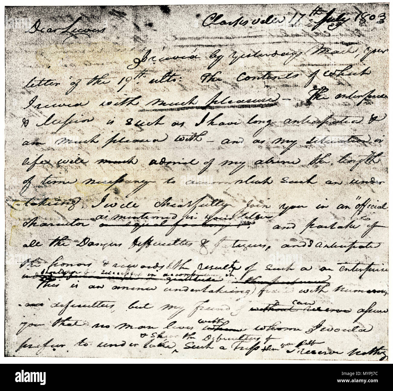 William Clark la lettera di accettazione di Lewis l'invito ad aderire al  corpo della scoperta expedition, datata Clarksville 1803. Mezzitoni  stampato con il lavaggio Foto stock - Alamy