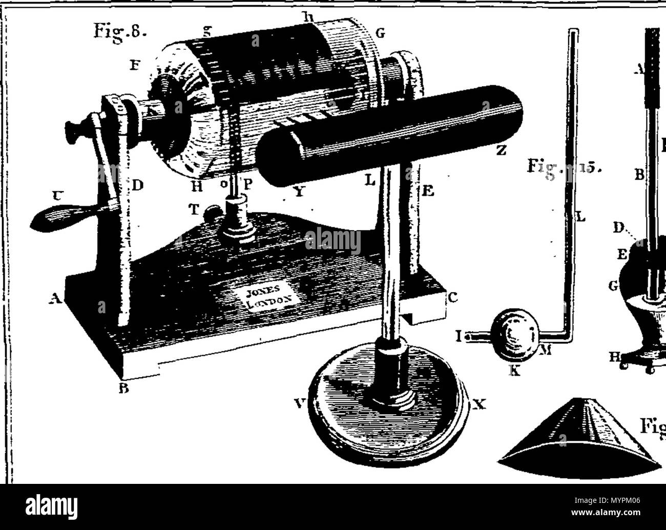. Inglese: Fleuron dal libro: un saggio sull'elettricità, per spiegare i principi di questa scienza utile; e descrivere gli strumenti, concepito sia per illustrare la teoria, o rendere la pratica divertente. Illustrato con sei piastre. A cui si aggiunge una lettera all'autore, dal sig. Giovanni Betulla, chirurgo, sul tema di medico di elettricità. Dal compianto George Adams, strumento matematico maker a sua maestà, &c. La quinta edizione, con le correzioni e le aggiunte, da William Jones, strumento matematico Maker. 320 Un saggio sull'elettricità Fleuron T088413-3 Foto Stock