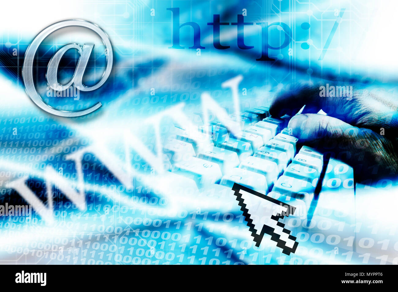 E-mail e internet con simboli astratti binario blu sfondo, social media e concetto di connettività Foto Stock