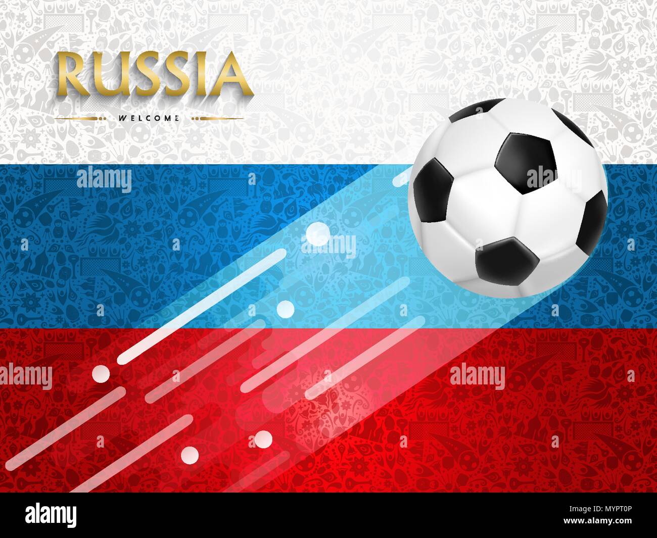 La Russia evento di calcio illustrazione, design di sfondo del calcio pallone con bandiera russa di colori. EPS10 vettore. Illustrazione Vettoriale