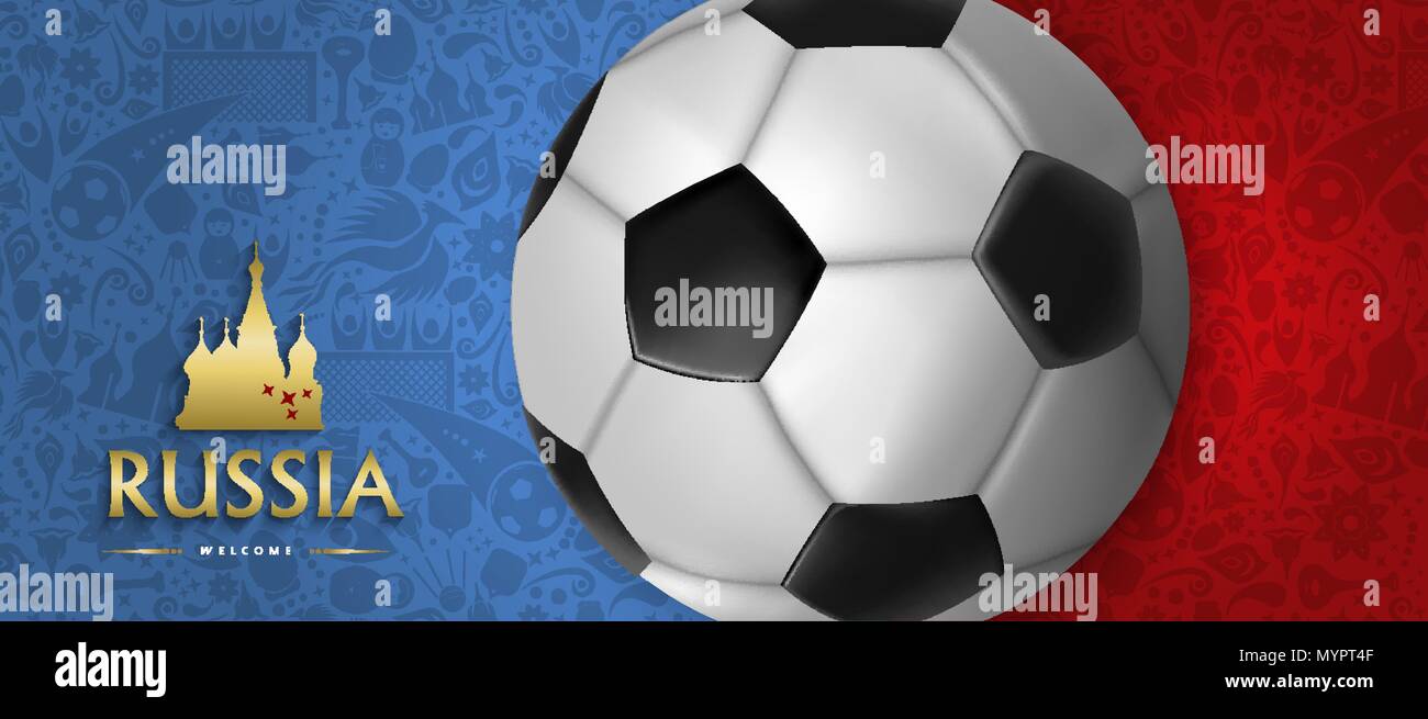 La Russia evento di calcio illustrazione, banner web design della sfera di calcio con il russo colore di sfondo. EPS10 vettore. Illustrazione Vettoriale