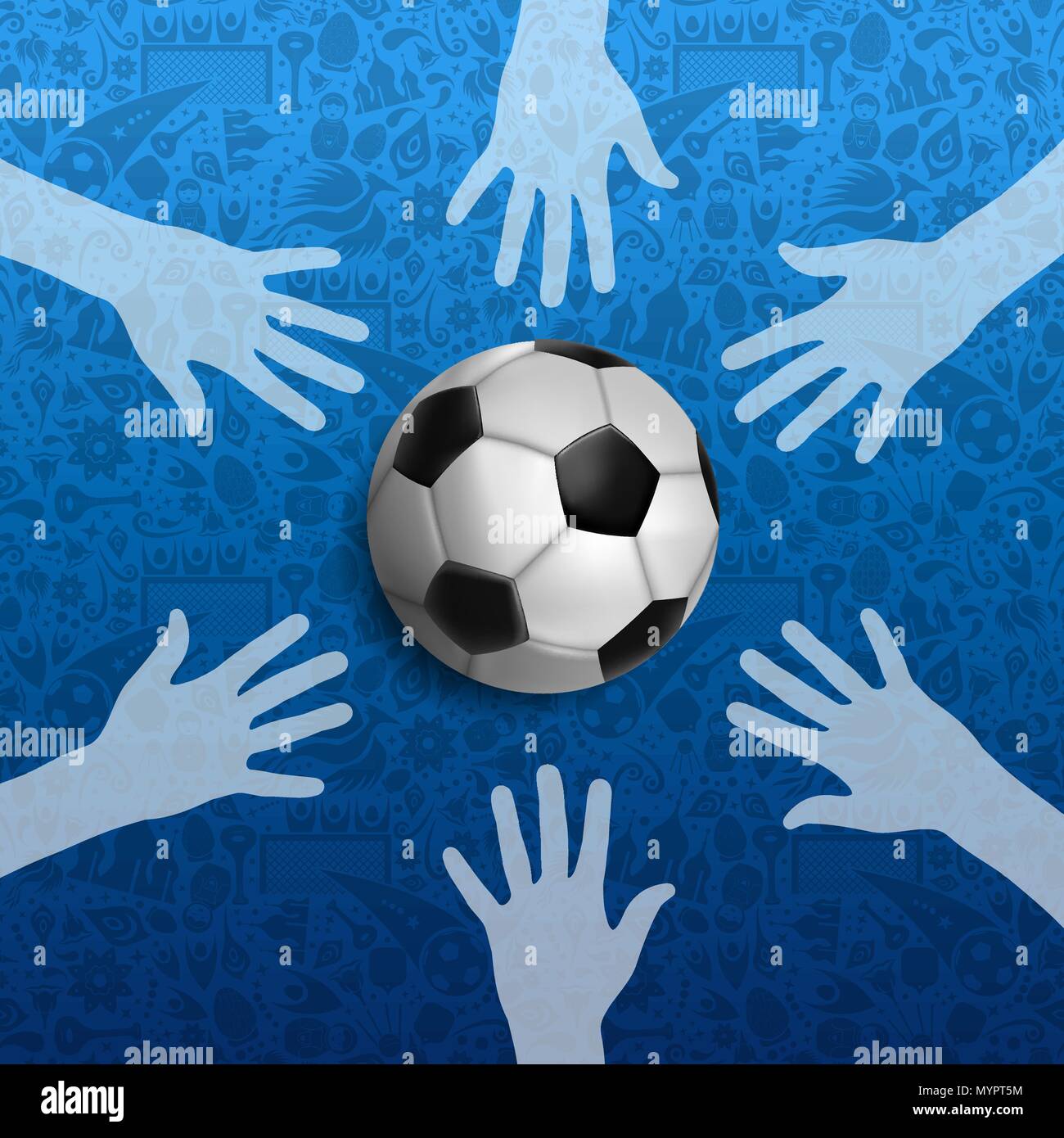 Evento di calcio illustrazione, russo gioco di sport sfondo con persone mano e piede palla. Comunità unita per lo sport. EPS10 vettore. Illustrazione Vettoriale