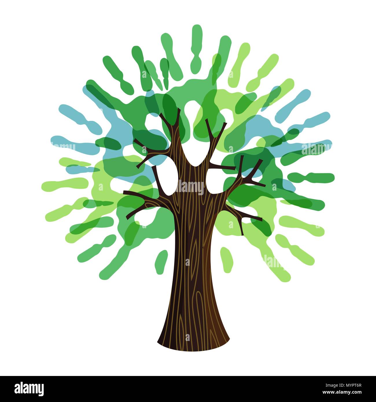 Simbolo di albero con mani di uomo come foglie verdi. Concetto illustrazione per organizzazione aiutano, ambiente progetto o il lavoro sociale. EPS10 vettore. Illustrazione Vettoriale