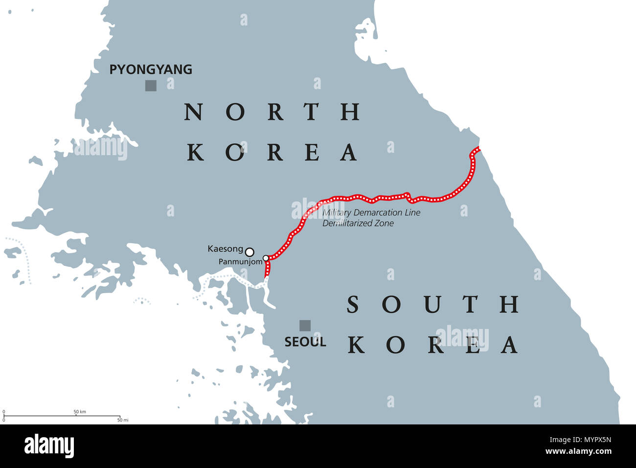Penisola coreana, Demilitarized Zone, zona mappa politico. Corea del Nord e la Corea del Sud con la rossa militare la linea di demarcazione, capitelli e frontiere. Foto Stock