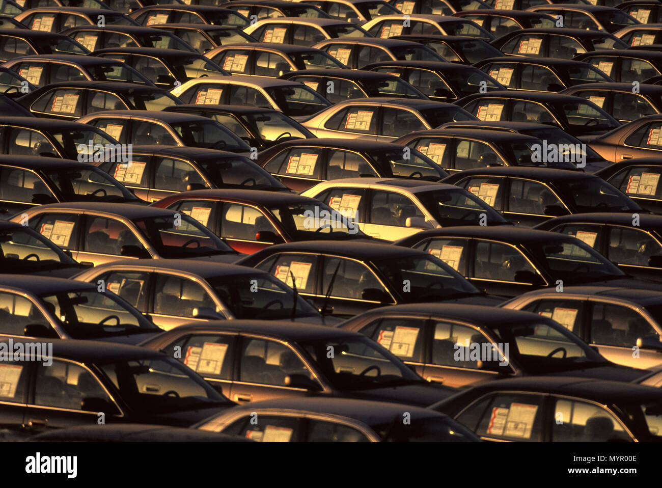 1992 righe storico di automobili nuove sul dock PORT ELIZABETH NEW JERSEY USA Foto Stock