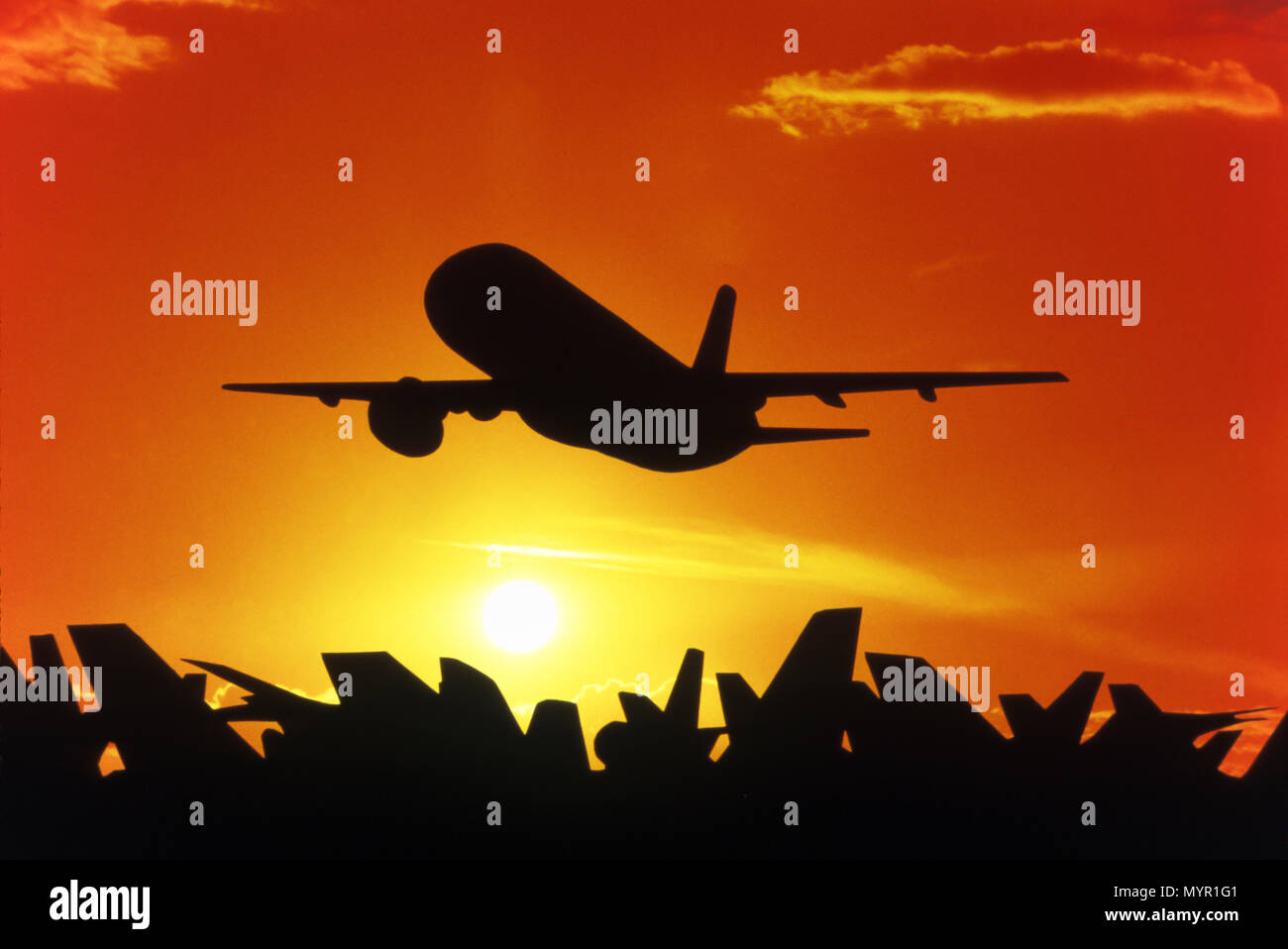 1992 Silhouette storico di volo aereo commerciale Foto Stock