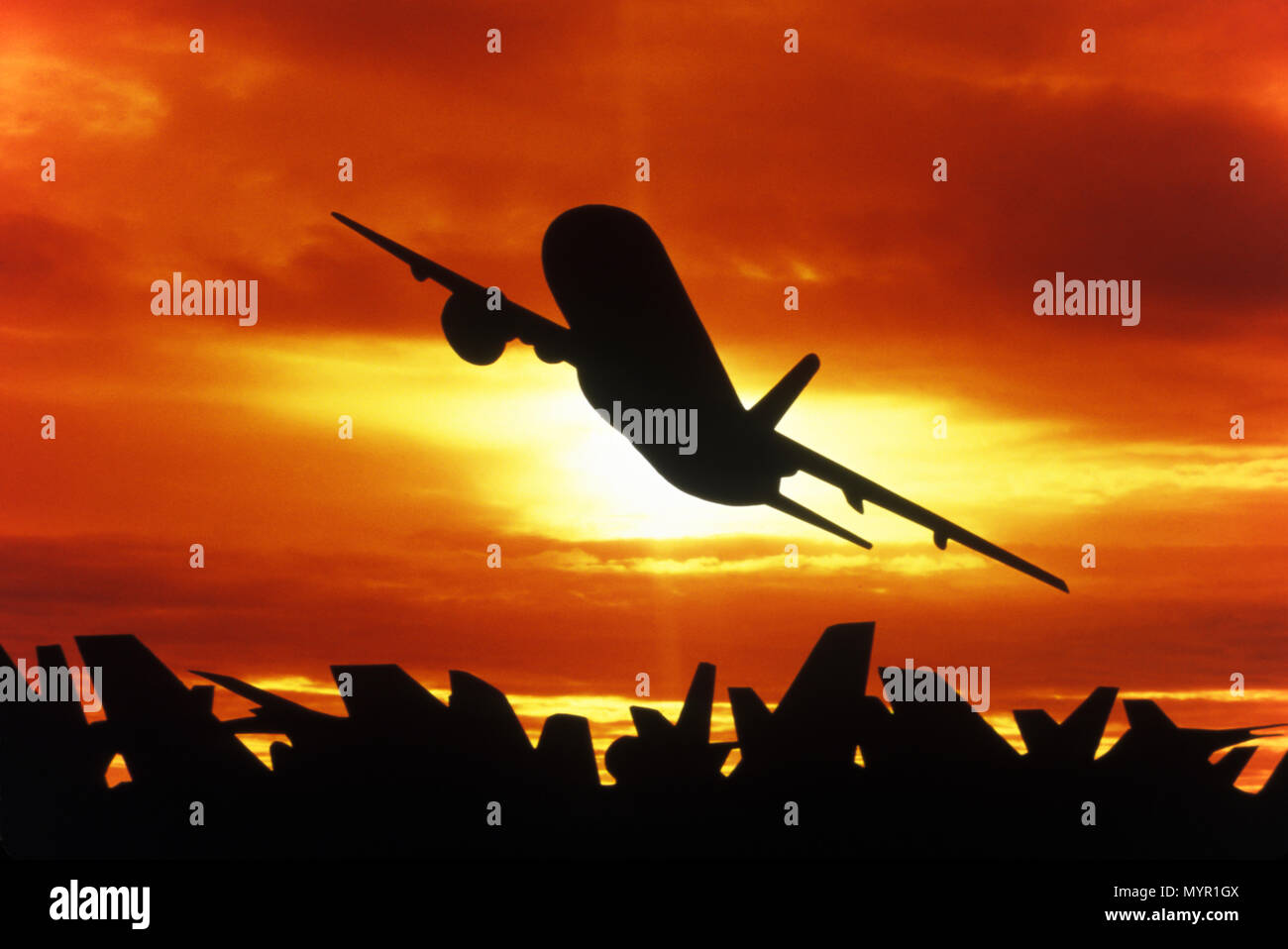 1992 Silhouette storico di volo aereo commerciale Foto Stock