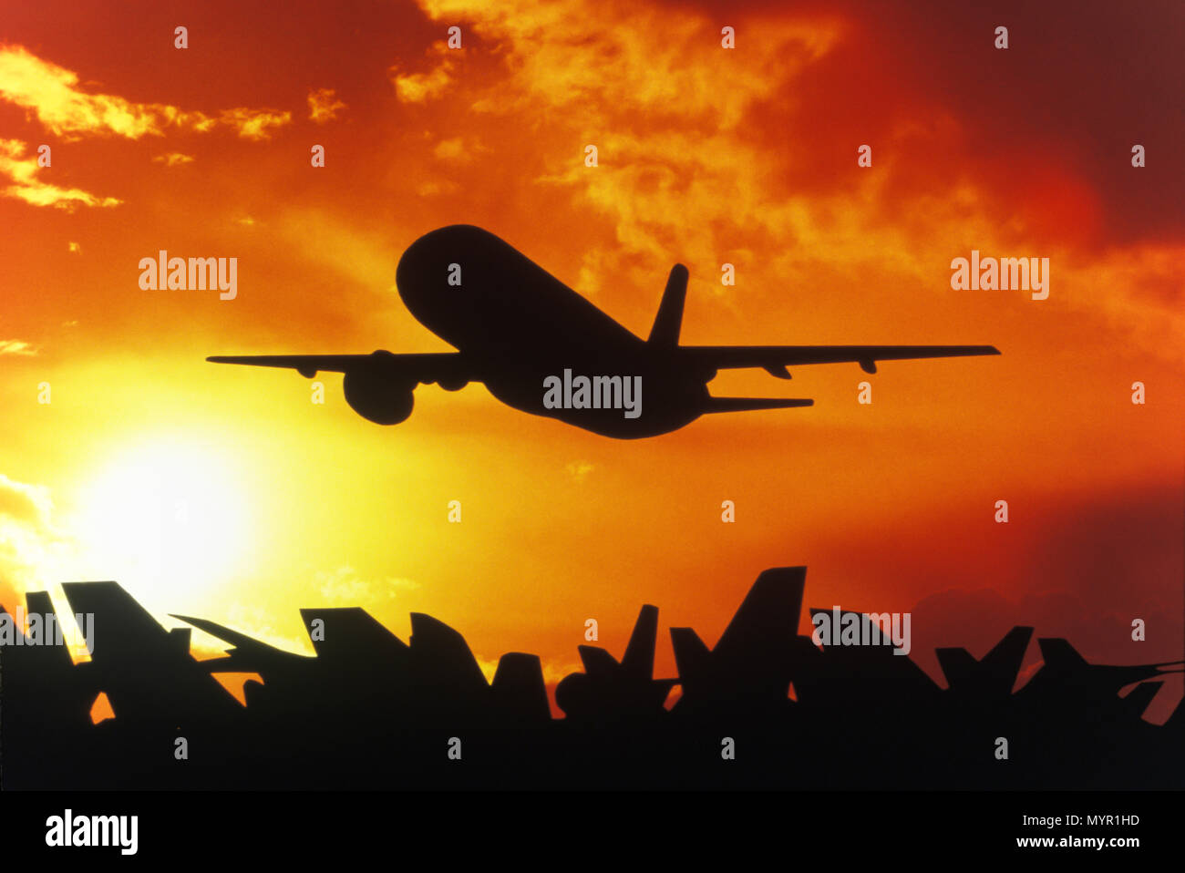 1992 Silhouette storico di volo aereo commerciale Foto Stock
