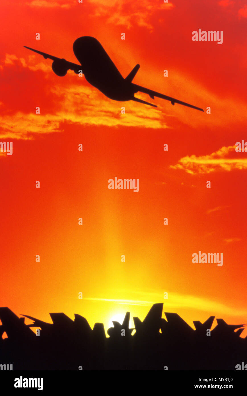 1992 Silhouette storico di volo aereo commerciale Foto Stock