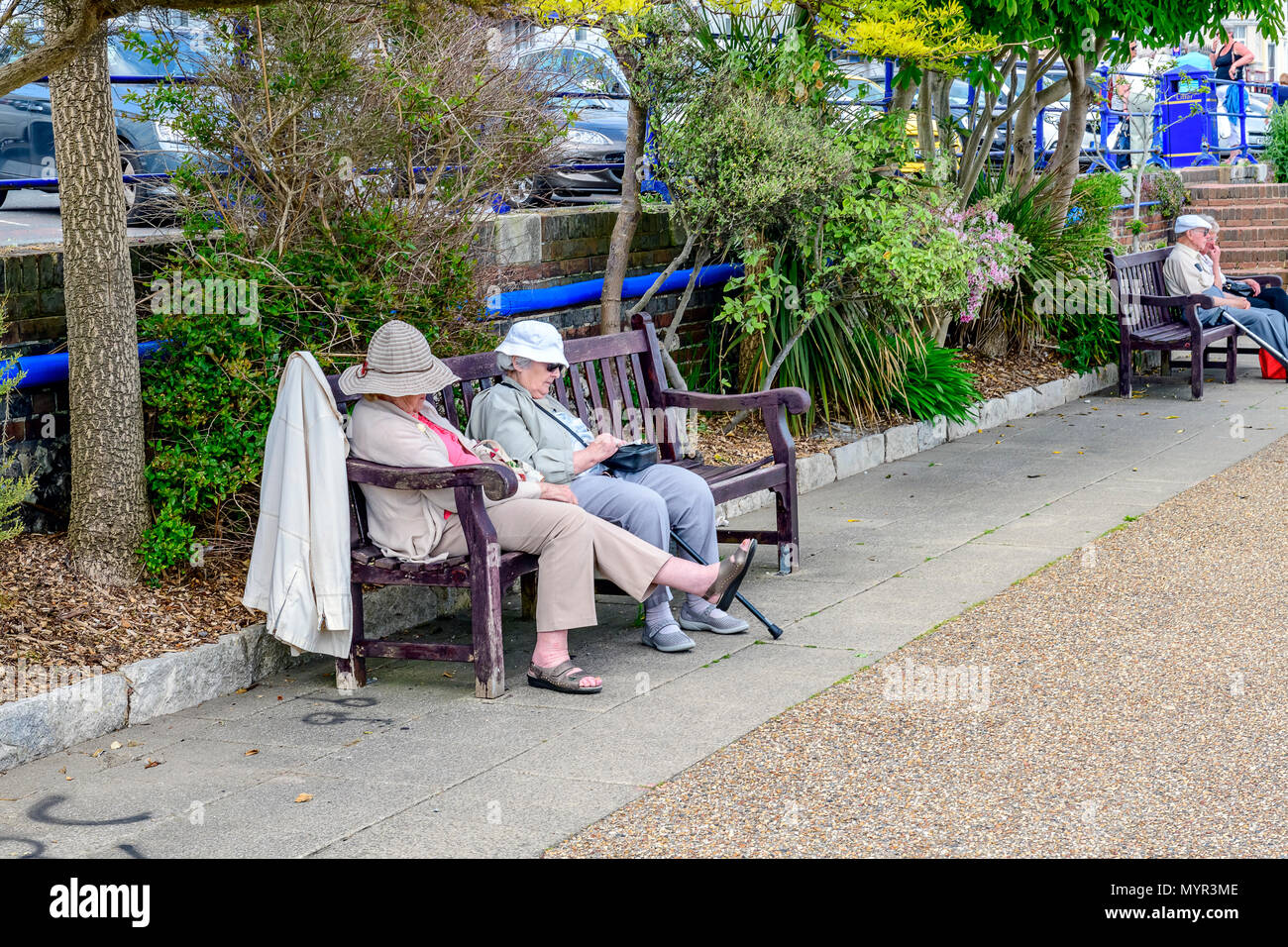 Donne anziane di dormire su una panchina Eastbourne promenade Foto Stock