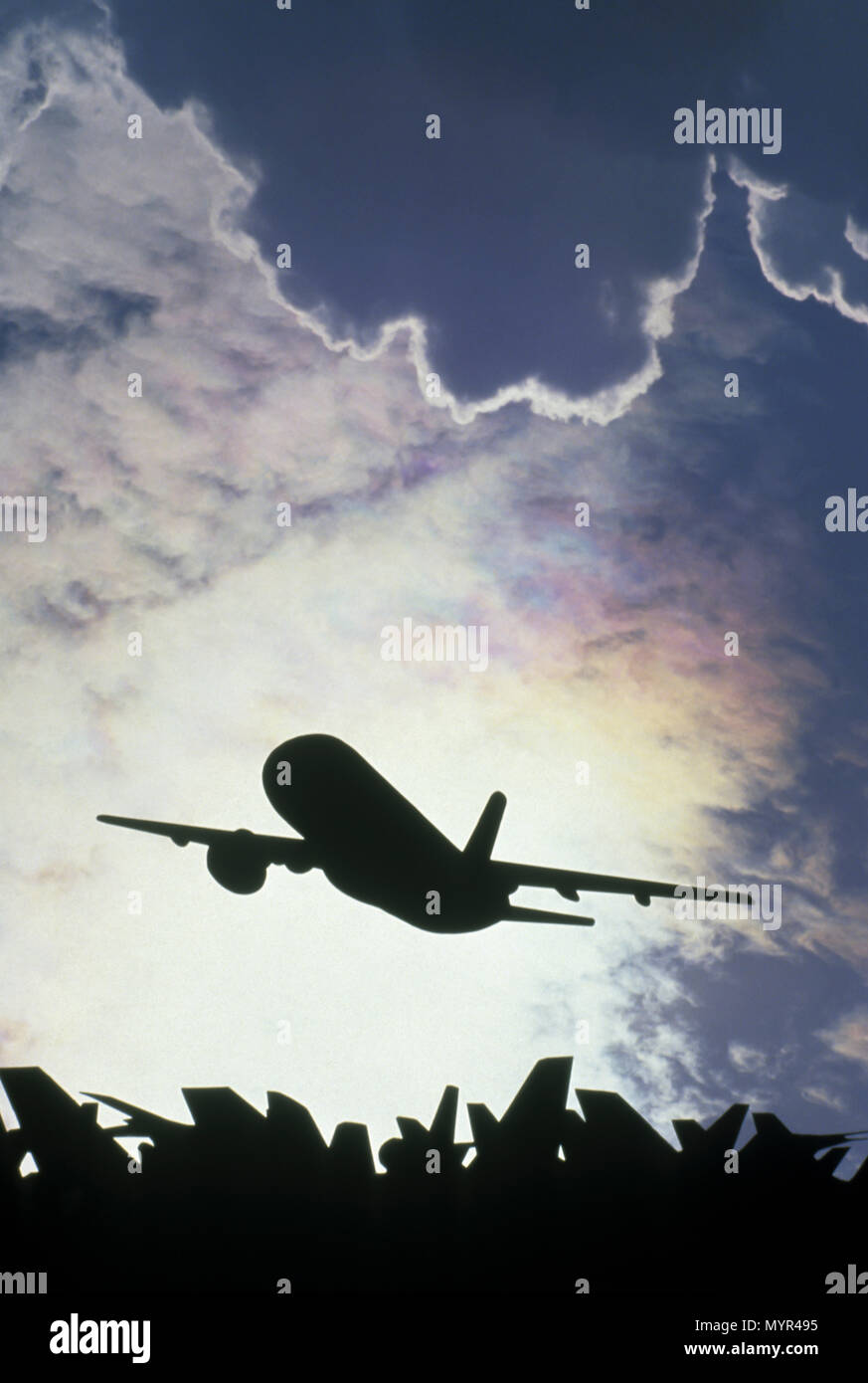 1992 Silhouette storico di volo aereo commerciale Foto Stock