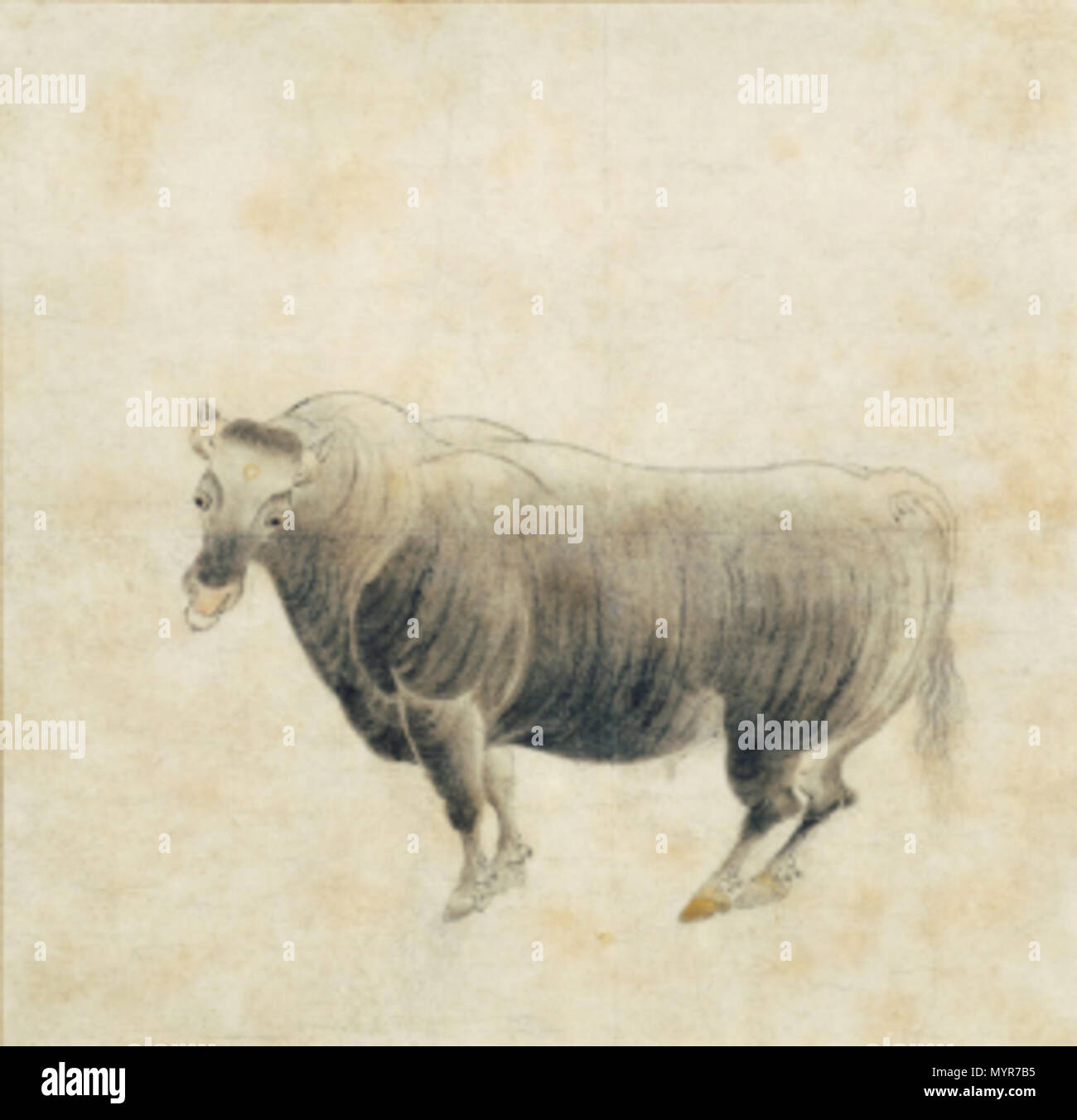 . Inglese ottimo Ox, Gotoh Museum, Tokyo, Giappone 日本語: 紙本淡彩駿牛図断簡 . Periodo Kamakura (1185-1333). A Kamakura periodo artista 9 eccellenti Ox (Gotoh Museum) Foto Stock