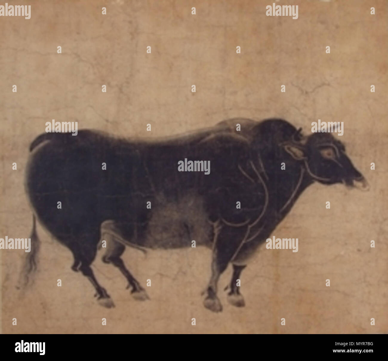 . Inglese ottimo Ox, Bunkacho, mantenuta al Museo Nazionale di Tokyo, Giappone 日本語: 紙本淡彩駿牛図断簡 . Periodo Kamakura (1185-1333). A Kamakura periodo artista 9 eccellenti Ox (Bunkacho) Foto Stock