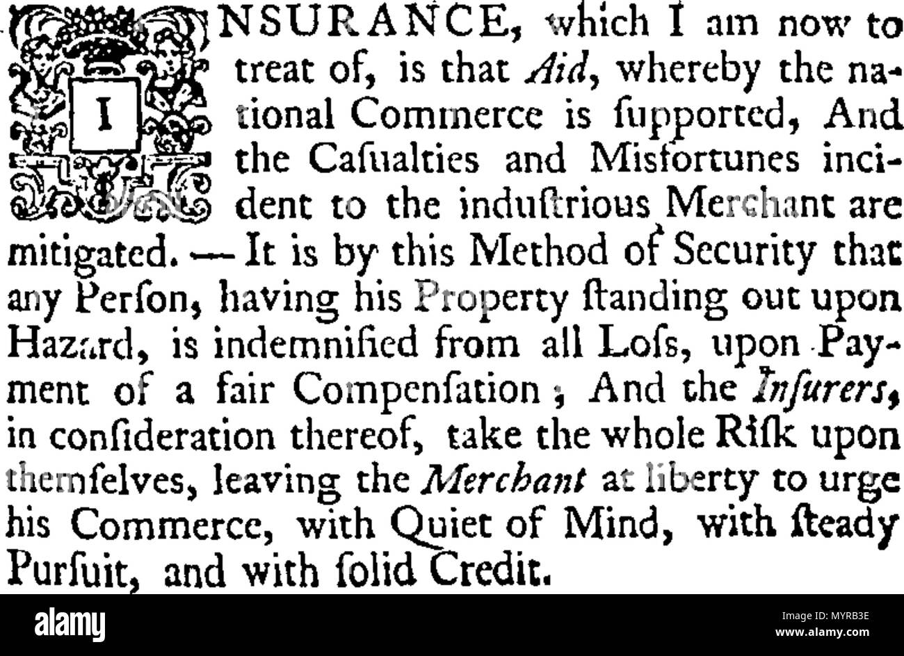 . Inglese: Fleuron dal libro: un saggio verso illustrante la scienza di assicurazione. In cui si è tentato di fissare, dal calcolo preciso, diversi importanti massime su questo tema; per risolvere i vari problemi e casi di concorso; e in particolare di equilibrio, sia esso a livello nazionale vantaggiosi per assicurare le navi dei nostri nemici stranieri. Indirizzato a destra l'on. Henry Pelham, Esq; dall'autore di una lettera da parte di un soccorritore occasionale. 329 Un saggio verso illustrante la scienza di assicurazione Fleuron T033452-5 Foto Stock