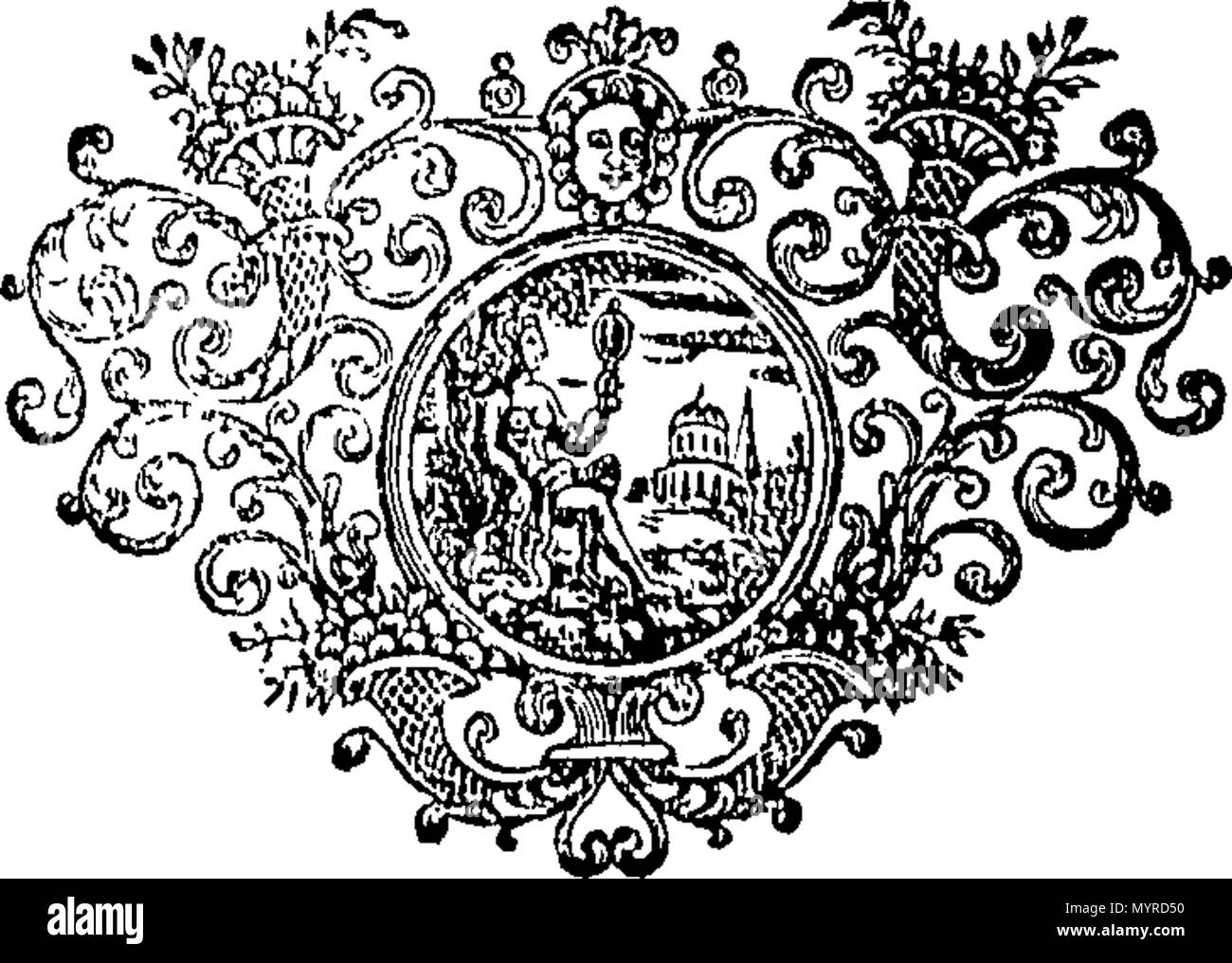 . Inglese: Fleuron dal libro: la storia della vita di James Duca di Ormonde, dalla sua nascita nel 1610, fino alla sua morte nel 1688. In cui è contenuto un account dei più notevoli affari del suo tempo, e in particolare dell'Irlanda, sotto il suo governo. In due volumi. A cui si aggiunge, per la soddisfazione di curiosi, in un altro volume, una preziosa collezione di lettere, scritte o mediante la sua grazia, o dal re, i segretari di Stato e altri grandi uomini del suo tempo, e che serve a verificare che la maggior parte di materiale fatti in detta storia. Da Thomas Carte, M. A. ... 343 Una storia di th Foto Stock