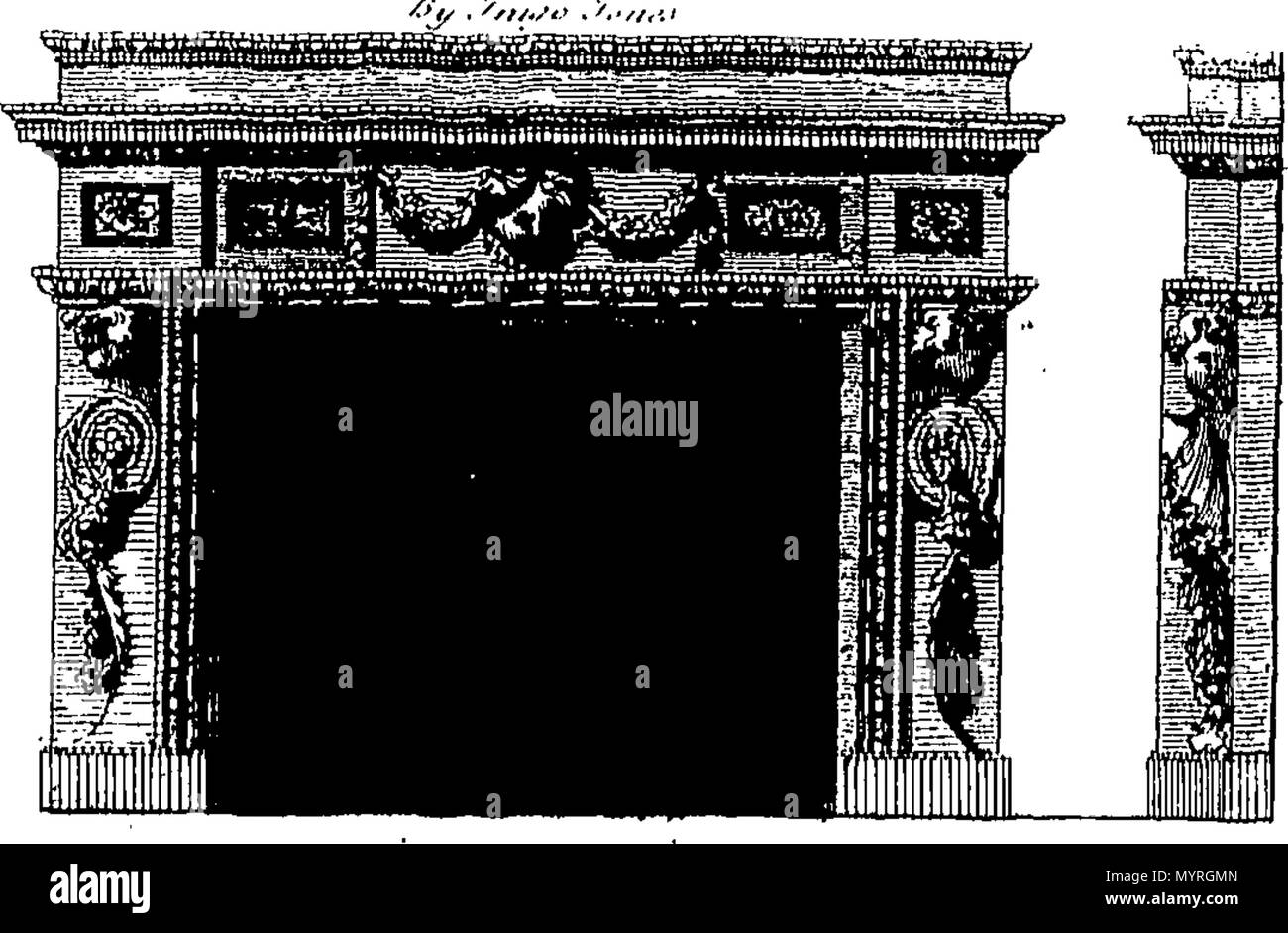 . Inglese: Fleuron dal libro: Andrea Palladio architettura, in quattro libri contenenti una dissertazione su cinque ordini & voi più necessarie osservazioni relative a tutti i tipi di costruzione. ... Il complesso contenente 226 folio piastre di rame revis attentamente'd e redelineated da Edwd. Hoppus ... e impreziosiscono'd wth. una grande varietà di camino pezzi raccolti dalle opere di Inigo Jones e gli altri. 356 di Andrea Palladio Fleuron Architettura T114553-7 Foto Stock