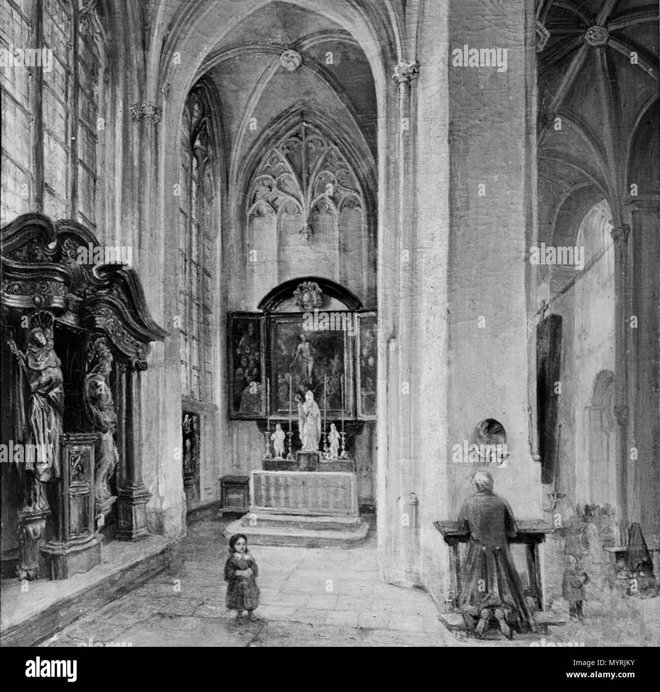 . Inglese: Vista della navata nord della chiesa di San Servatius di Maastricht, Paesi Bassi. Dipinto di Alexander Schaepkens probabilmente intorno al 1840-60. . 11 maggio 2016, 13:18:28. Alexander Schaepkens (1815-1899) 14 Linker St-Servaaskerk zijbeuk (Alexander Schaepkens, midden 19e eeuw) Foto Stock