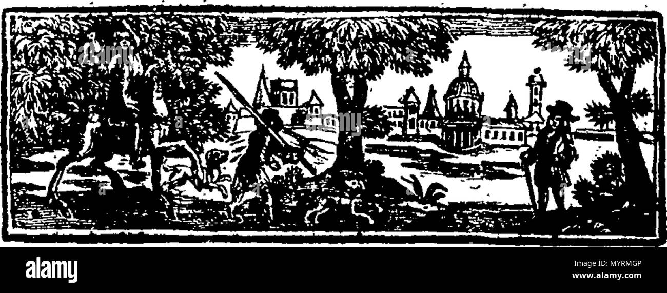 . Inglese: Fleuron dal libro: un saggio su monarchia universale. Scritta nell'anno 1701. Subito dopo Lewis il quattordicesimo aveva risolto il suo nipote Filippo di Borbone sul trono di Spagna. Da Carlo D'Avenant, LL.D. Per cui è preceduto, un abstract del suo saggio su ballance di potenza, pubblicato allo stesso tempo. 330 un saggio su monarchia universale Fleuron N001516-1 Foto Stock