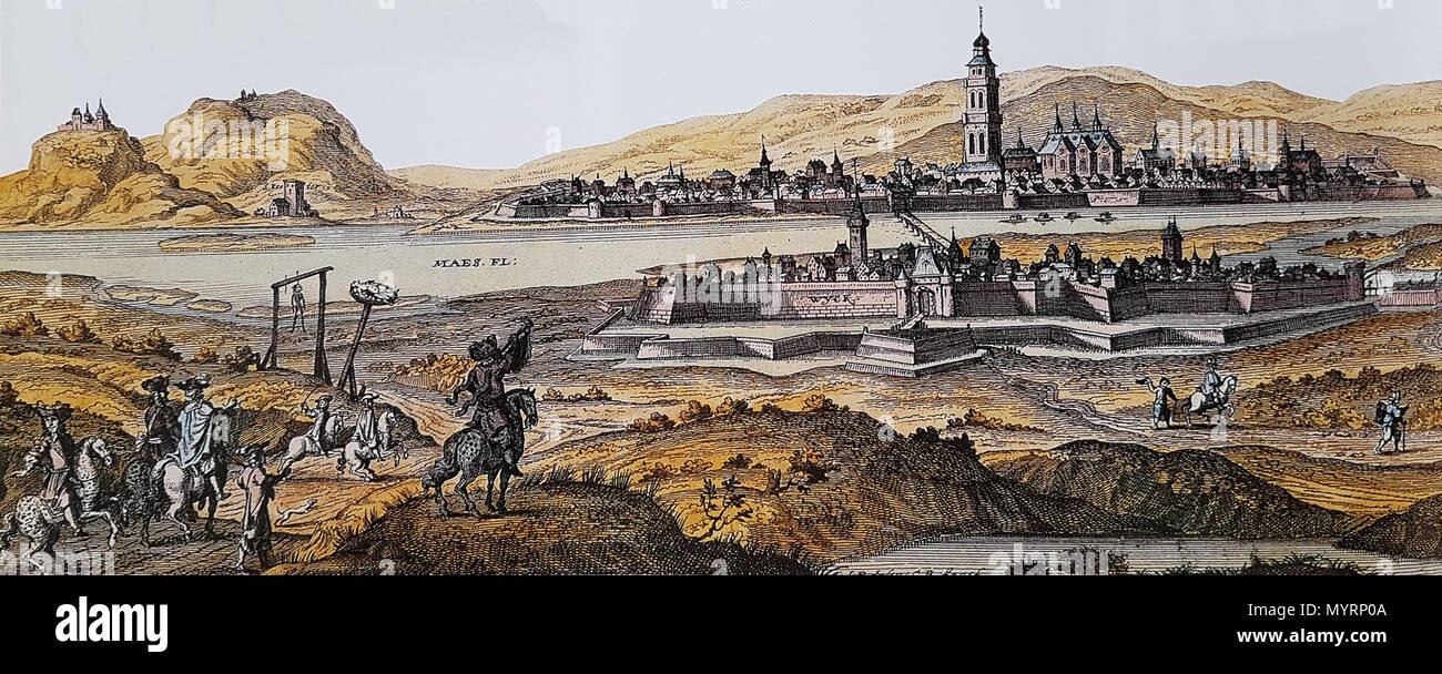 . Inglese: vista del fiume Mosa e la città di Maastricht nei Paesi Bassi (anonimo stampa, c 1700). In primo piano la riva destra quartiere di Wyck. A sinistra il patibolo. Sullo sfondo a sinistra: Monte San Pietro (fortemente accentuato). . 16 luglio 2016, 09:59:09. Artista sconosciuto, c 1700 14 Maas, Wyck en Maastricht, ca 1700 Foto Stock